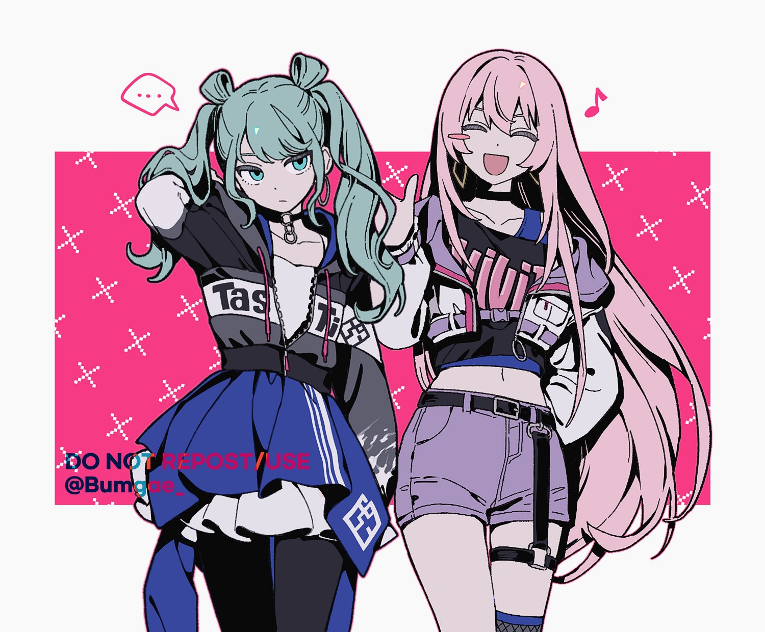 wo habum, hatsune miku, megurine luka, project sekai, vocaloid, highres, …, 2girls, alternate costume, belt, black belt, black choker, black pantyhose, choker, closed mouth, collarbone, cowboy shot, cropped jacket, english text, flat chest, grey jacket, jacket, long hair, looking to the side, multiple girls, musical note, open clothes, open jacket, open mouth, pantyhose, pink hair, purple jacket, purple shorts, shorts, skirt, smile, spoken ellipsis, twintails, twitter username, very long hair, white skirt