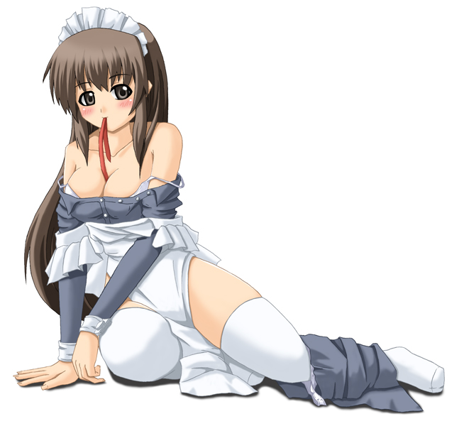 kokorono arika, 1girl, apron, bare shoulders, blush, breasts, brown eyes, brown hair, cleavage, female focus, large breasts, long hair, lying, maid, maid headdress, mouth hold, solo, thighhighs, undressing, white thighhighs