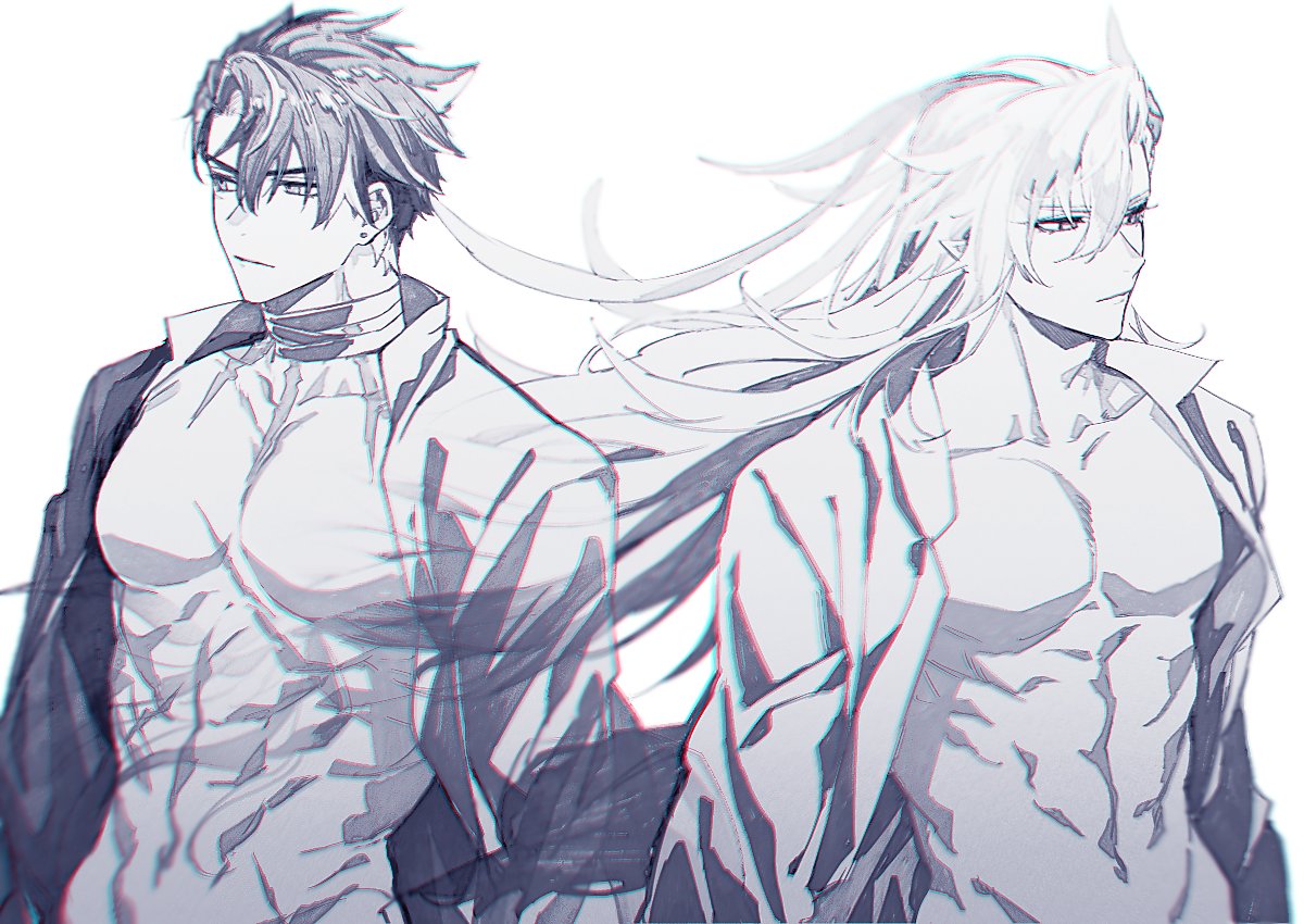 toriyoshi, neuvillette (genshin impact), wriothesley (genshin impact), genshin impact, commentary, commentary request, 2boys, :/, abs, bare pectorals, choker, closed mouth, collarbone, collared shirt, floating hair, greyscale, groin, long hair, looking to the side, male focus, monochrome, multiple boys, open clothes, open shirt, pectorals, shirt, sideways glance, simple background, upper body, very long hair, white background