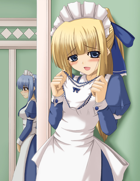 kokorono arika, 2girls, blonde hair, blush, female focus, indoors, long hair, maid, multiple girls, panties, solo, standing, underwear, yuri