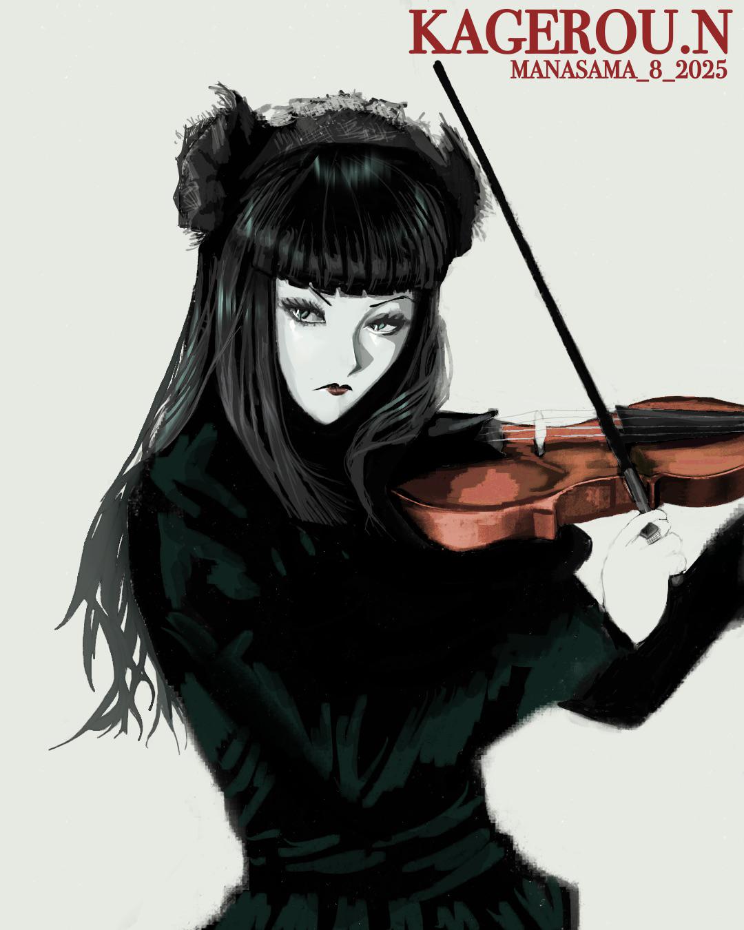 real life, highres, 1boy, artist name, black dress, black hair, black lips, blue eyes, blunt bangs, bow (music), character name, crossdressing, crossdressing (mtf), dated, dress, gothic lolita, holding, holding bow (music), holding instrument, holding violin, instrument, kageroun, lipstick, lolita fashion, long hair, long sleeves, maid headdress, makeup, malice mizer, mana (malice mizer), music, pale skin, playing instrument, simple background, violin, white background