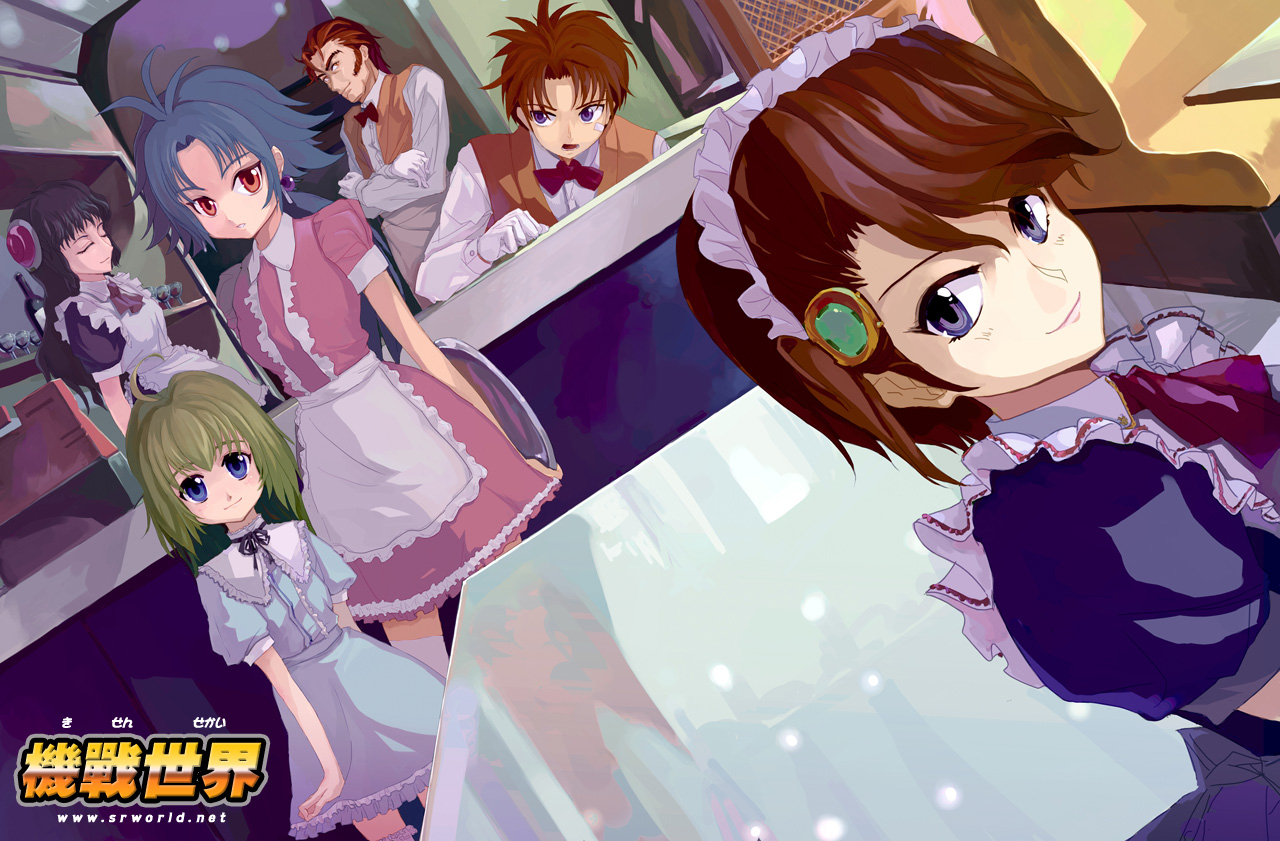 akane ardygun, aria advance, blessfield ardygun, kazuma ardygun, mihiro ardygun, shihomi ardygun, banpresto, super robot wars, super robot wars w, silver hair, 2boys, 4girls, apron, bench, blue dress, blue eyes, brown hair, cafe, dress, dutch angle, glass, green hair, indoors, looking at viewer, maid, maid apron, multiple boys, multiple girls, pink dress, puffy short sleeves, puffy sleeves, red hair, short hair, short sleeves, standing, table, waist apron, waitress
