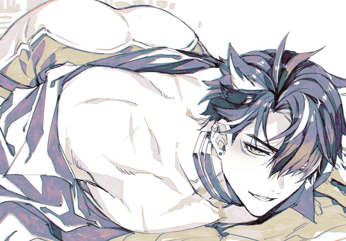 toriyoshi, wriothesley (genshin impact), genshin impact, commentary, commentary request, 1boy, ass, choker, earrings, facial mark, hair over one eye, jewelry, looking to the side, lying, male focus, multicolored hair, on stomach, pants, parted bangs, piercing, scar, scar on shoulder, shirt, shirt partially removed, short hair, sideways glance, simple background, smile, solo, streaked hair, stud earrings, white background