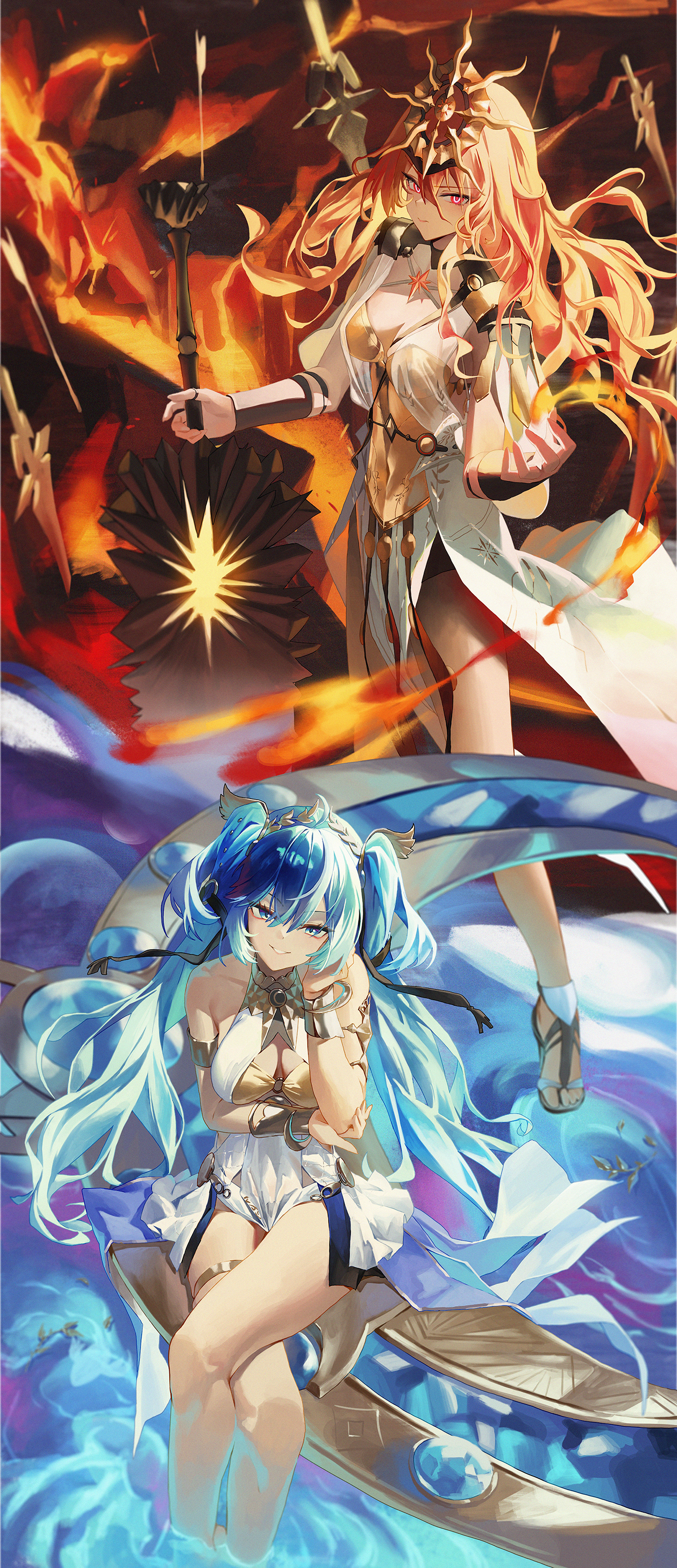 momo (2240807), augusta (wuthering waves), iuno (wuthering waves), wuthering waves, absurdres, commentary, highres, 2girls, ancient greek clothes, armlet, armor, bare shoulders, blue eyes, blue hair, breastplate, breasts, cleavage, crossed legs, gold bra, greatsword, greco-roman clothes, hair between eyes, hand up, head wreath, headgear, holding, holding sword, holding weapon, jewelry, long hair, looking at viewer, medium breasts, multiple girls, orange hair, parted lips, red eyes, sitting, smile, sun necklace, sword, thighlet, thighs, twintails, very long hair, weapon