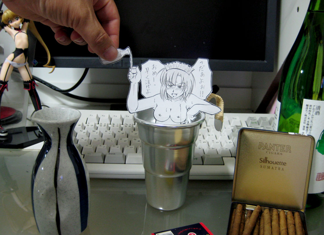 sasaki yukinojou, pachira, renkin san-kyuu magical pokaan, papercraft (medium), photo (medium), translation request, unconventional media, 1girl, alcohol, bath, breasts, cigarette, computer, computer keyboard, drunk, figure, interactive media, maid, mechanical keyboard, nipples, paper, paper child, sake, solo focus, topless frame, topre, upper body