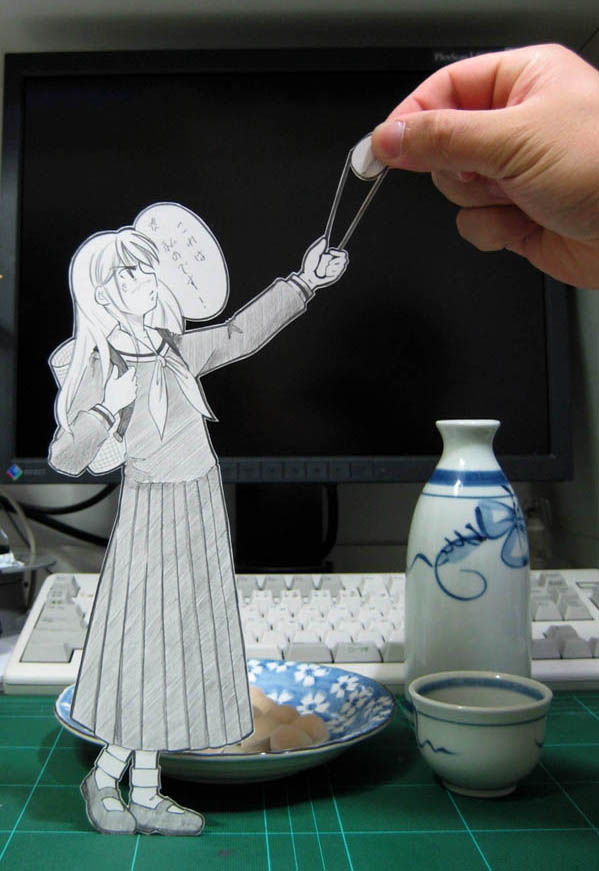 sasaki yukinojou, toudou shimako, maria-sama ga miteru, papercraft (medium), photo (medium), translated, unconventional media, 00s, 1girl, basket, blush, choko (cup), computer keyboard, cup, full body, interactive media, long hair, long skirt, long sleeves, mary janes, mechanical keyboard, monitor, multiple wings, paper, paper child, pleated skirt, profile, school uniform, serafuku, seraph, shirt, shoes, skirt, socks, solo focus, standing, sweatdrop, tokkuri, tongs, topre, wings