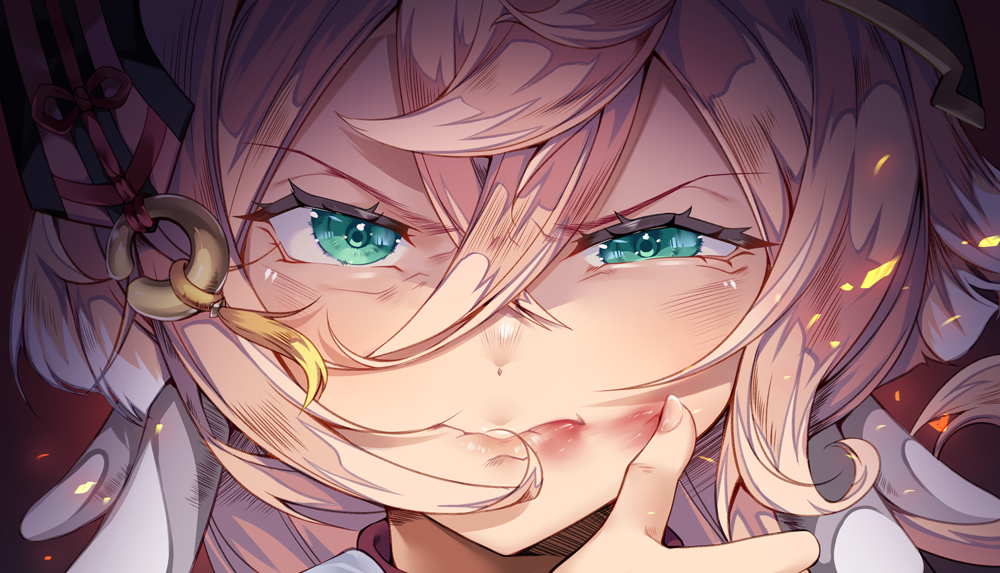 zenzai tarou, yanfei (genshin impact), genshin impact, commentary request, 1girl, blood, blood from mouth, close-up, closed mouth, crossed bangs, dirty, dirty face, green eyes, hair between eyes, long hair, looking at viewer, pink hair, portrait, solo, sparks