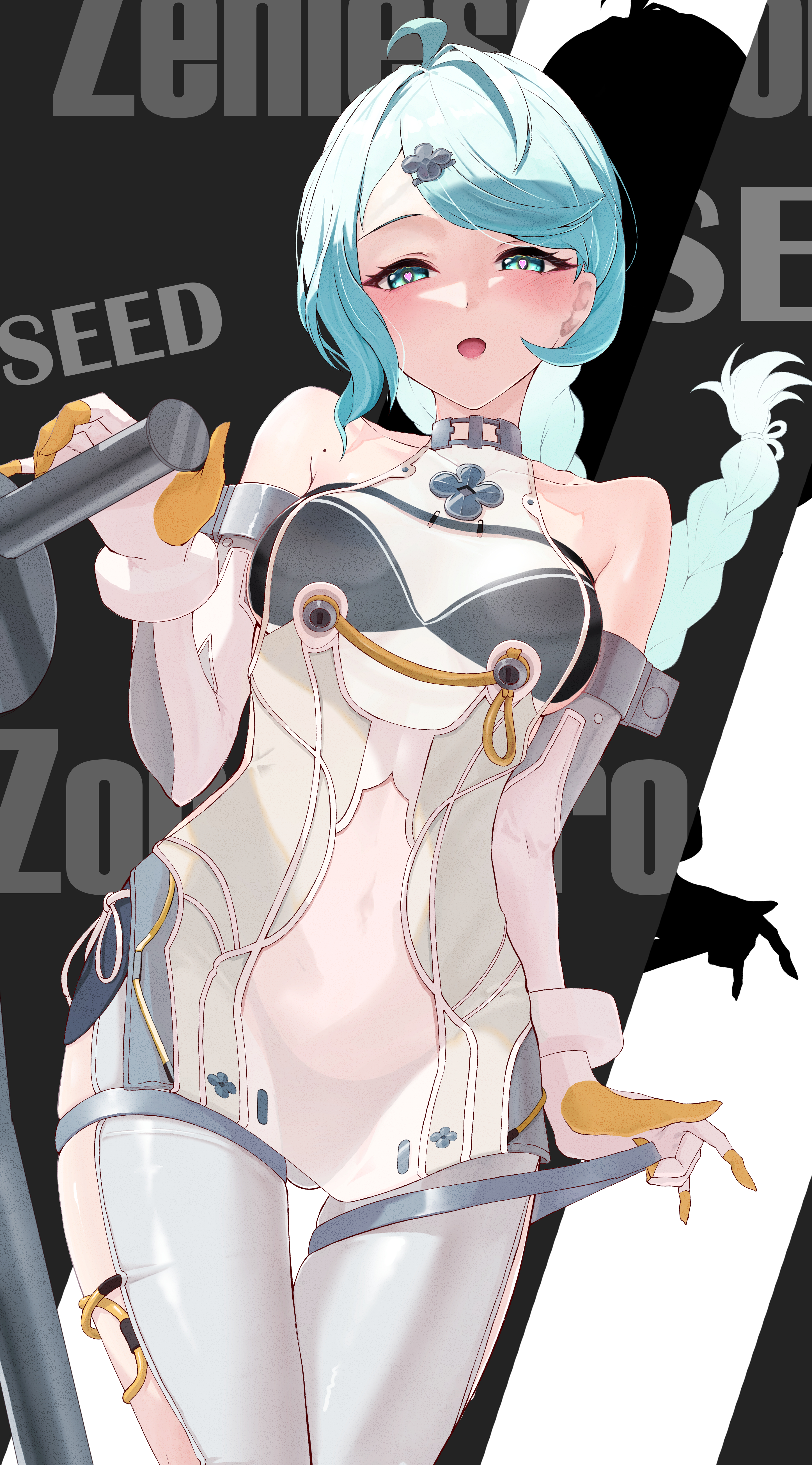 a10 (avxv8374), seed (zenless zone zero), original, zenless zone zero, absurdres, highres, black pants, braid, dress, gloves, navel, pants, shadow, white dress, white gloves