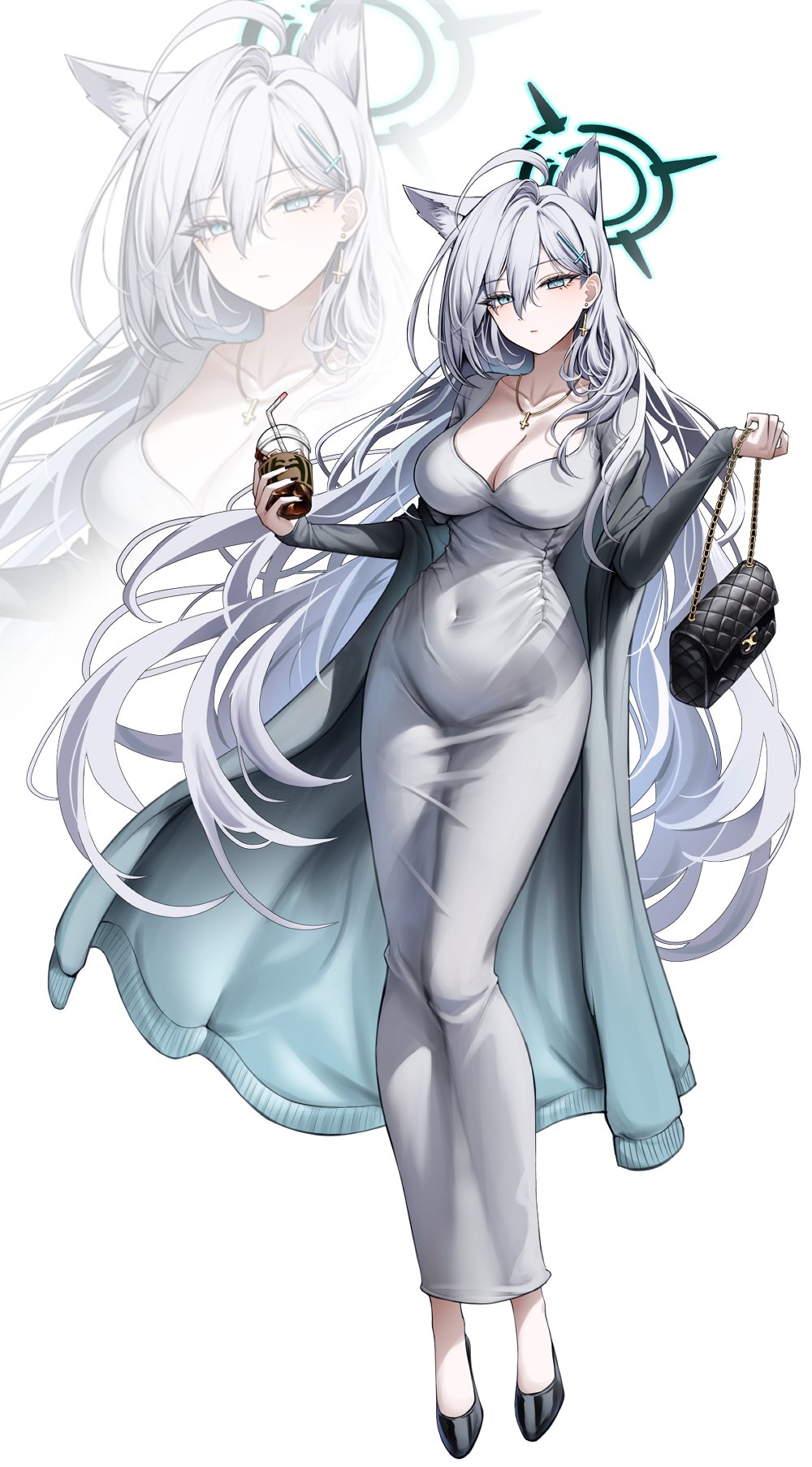 erbium, shiroko (blue archive), shiroko terror (blue archive), blue archive, highres, 1girl, animal ear fluff, animal ears, bag, black bag, black cardigan, black shoes, blue eyes, breasts, cardigan, cleavage, cross, cross earrings, cross hair ornament, cross necklace, cup, disposable cup, dress, drink, earrings, full body, green halo, grey dress, grey hair, hair ornament, halo, holding, holding bag, holding cup, holding drink, jewelry, large breasts, long hair, mismatched pupils, necklace, open cardigan, open clothes, shoes, simple background, white background, wolf ears, wolf girl
