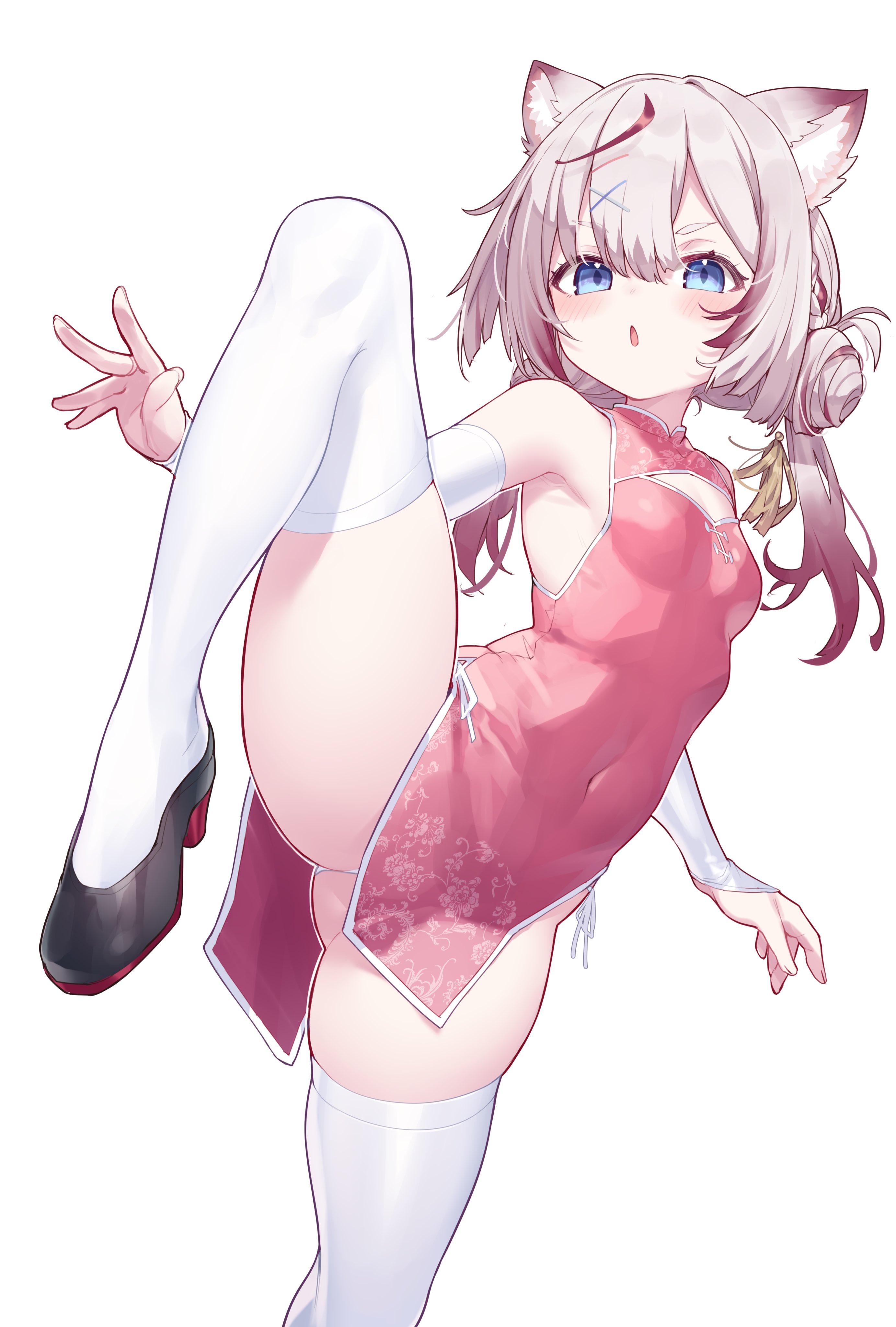 hiraga matsuri, original, varium, absurdres, commentary, commission, highres, skeb commission, 1girl, animal ear fluff, animal ears, armpits, ass, bare shoulders, black shoes, blue eyes, blush, breasts, cat ears, china dress, chinese clothes, cleavage cutout, clothing cutout, covered navel, detached sleeves, dress, gradient hair, grey hair, hair between eyes, hair bun, hair ornament, high heels, leg up, long hair, long sleeves, looking at viewer, mishio molf, multicolored hair, open mouth, panties, pelvic curtain, pink dress, red dress, shoes, short dress, side-tie panties, simple background, sleeveless, sleeveless dress, small breasts, solo, split, standing, standing on one leg, standing split, streaked hair, string panties, thighhighs, thighs, twintails, underwear, virtual youtuber, white background, white hair, white panties, white thighhighs, x hair ornament