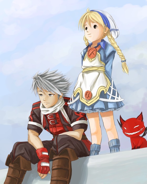 chito (field of…), dorothy (over zenith), feel, toto (over zenith), over zenith, 1boy, 1girl, ahoge, arms behind back, black eyes, blonde hair, boots, braid, buttons, child, cloud, day, demon, dress, fingerless gloves, gloves, grey eyes, grin, hat, knee boots, long hair, outdoors, scarf, shadow, short dress, short hair, sitting, sky, smile, socks, spiked hair, standing, strap, twin braids, white hair, wings
