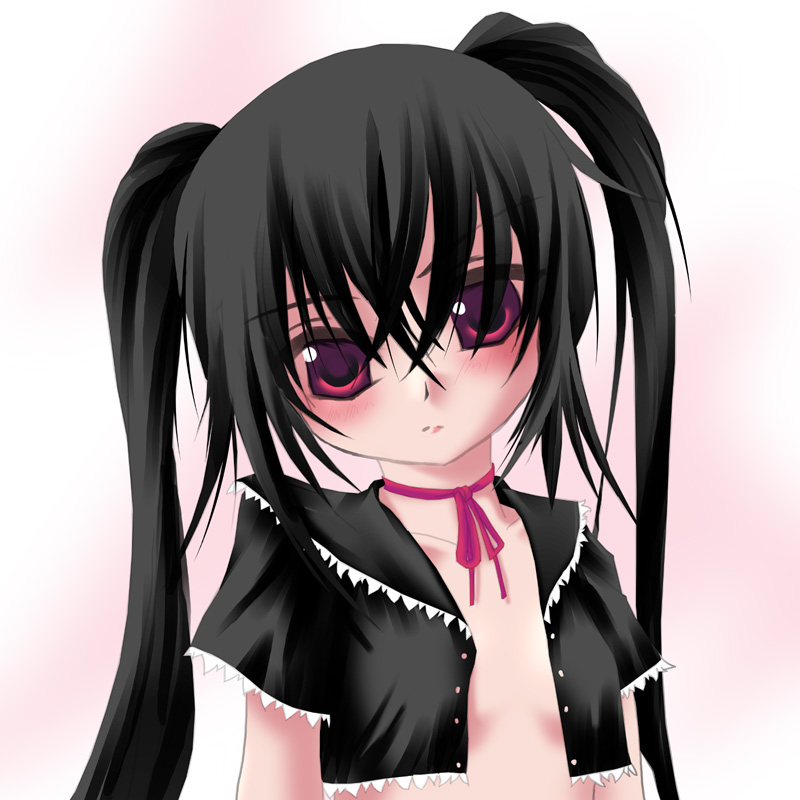 frapowa, kooh (pangya), pangya, black hair, blush, flat chest, long hair, red eyes, solo, twintails