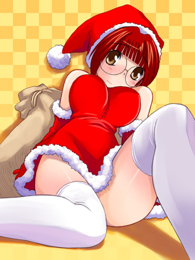 hoshikuzu junction, katatsuka kouji, original, 1girl, christmas, closed mouth, female focus, glasses, hat, lying, red hair, santa costume, santa hat, smile, solo, thighhighs