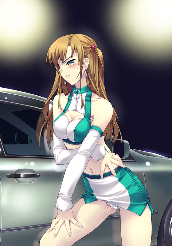 murakami suigun, f-ism, original, 1girl, breasts, brown hair, car, cleavage, cleavage cutout, clenched teeth, clothing cutout, covered erect nipples, detached sleeves, dildo, dildo under clothes, dildo under panties, discreet vibrator, embarrassed, female focus, green eyes, long hair, medium breasts, miniskirt, motor vehicle, object insertion, panties, pantyshot, public indecency, public vibrator, race queen, sex toy, skirt, solo, standing, teeth, underwear, upskirt, vaginal, vaginal object insertion, vibrator, vibrator under clothes, vibrator under panties, white panties