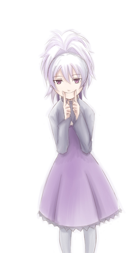 kirieppa, yin (darker than black), darker than black, 00s, 1girl, dress, female focus, fingersmile, flat chest, long hair, pantyhose, ponytail, purple eyes, red eyes, simple background, smile, solo, white hair