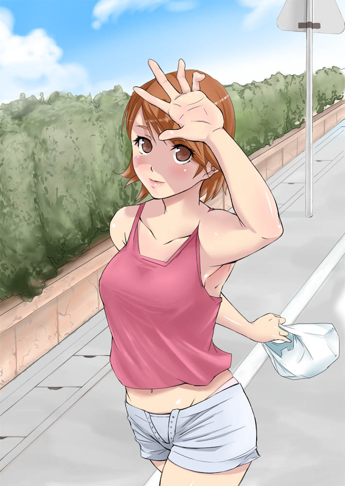 leo1000, takeba yukari, atlus, persona, persona 3, 1girl, bag, brown eyes, brown hair, cloud, day, female focus, midriff, outdoors, panties, road, shading eyes, short hair, short shorts, shorts, sky, smile, solo, standing, tank top, underwear, waving