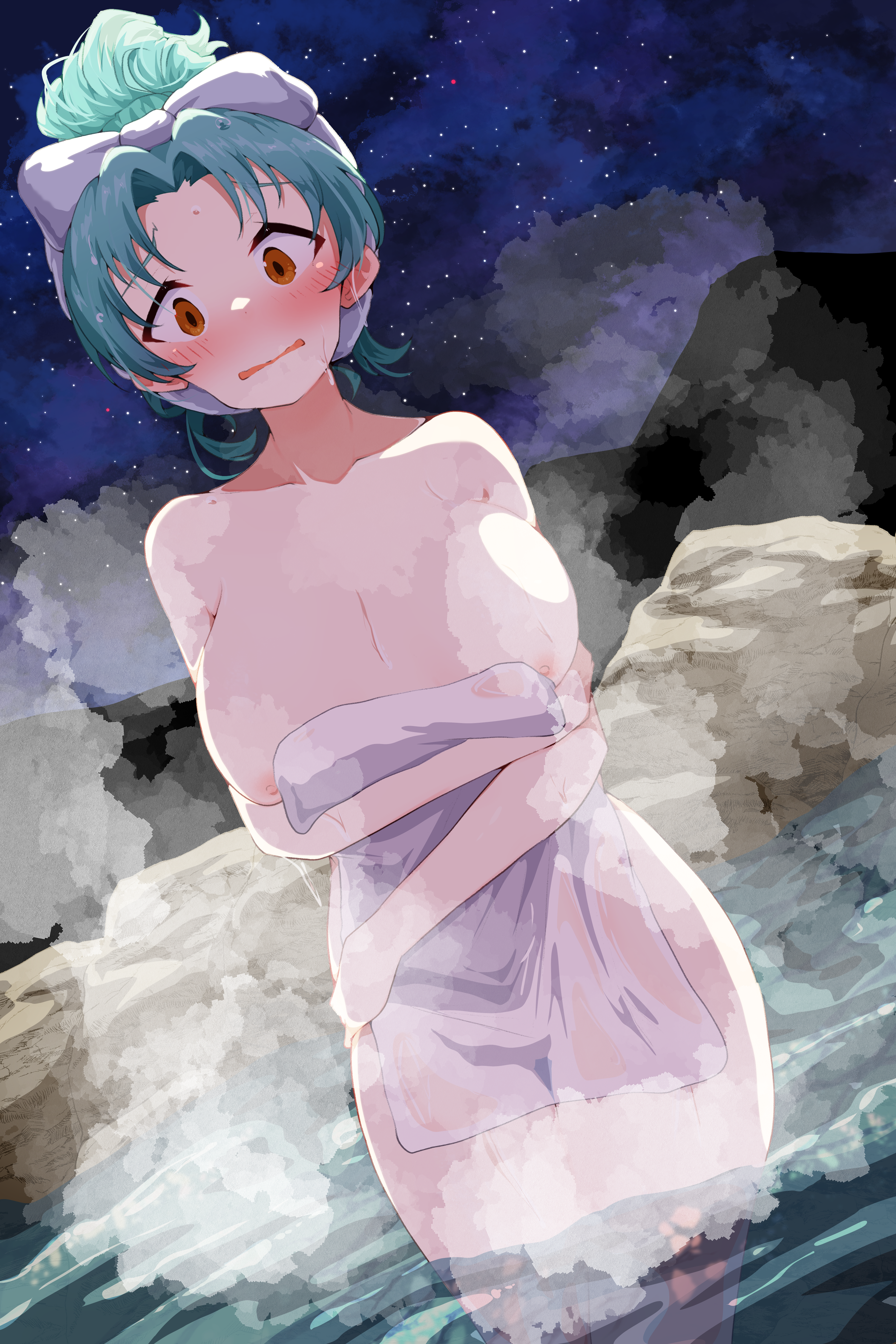 clark grimms, tokugawa matsuri, idolmaster, idolmaster million live!, absurdres, commentary request, commission, highres, skeb commission, 1girl, arm under breasts, blush, breasts, cleavage, covering privates, curtained hair, dutch angle, embarrassed, forehead, green hair, hair bun, hairband, huge breasts, looking at viewer, nipple slip, nipples, nose blush, nude cover, onsen, red eyes, single hair bun, solo, steam, wading, white hairband
