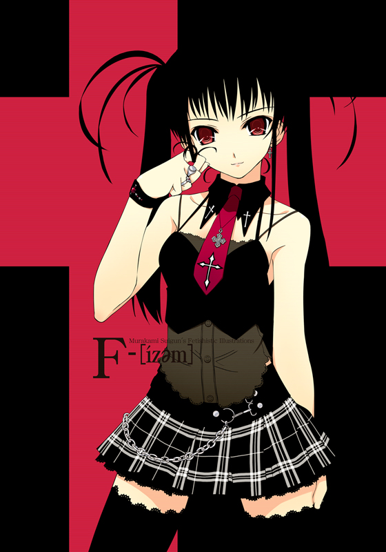 murakami suigun, f-ism, original, 1girl, black hair, female focus, goth fashion, jewelry, necktie, red eyes, ring, skirt, solo, thighhighs, twintails, zettai ryouiki