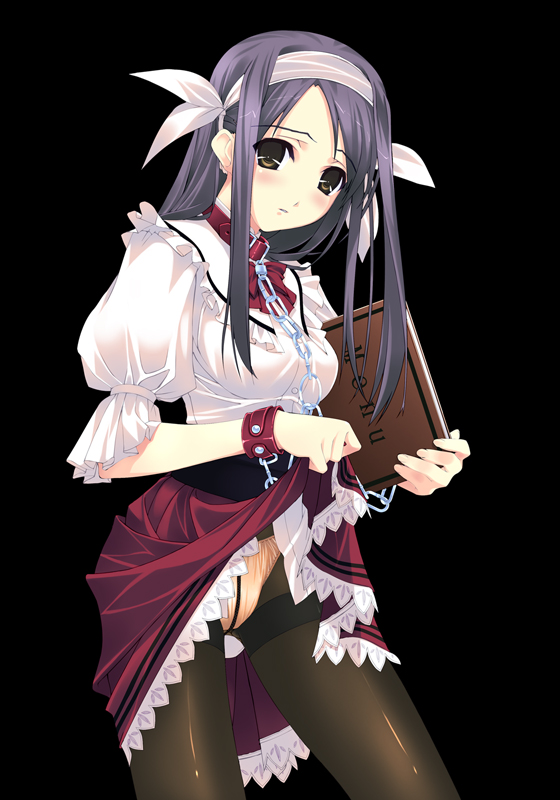 murakami suigun, f-ism, original, 1girl, bdsm, blush, bondage, book, bound, brown eyes, chain, clothes lift, collar, cuffs, cuffs-to-collar, female focus, holding, holding book, leash, lifting own clothes, long hair, panties, pantyhose, pantyshot, purple hair, pussy, ribbon, skirt, skirt lift, slave, solo, standing, underwear, upskirt