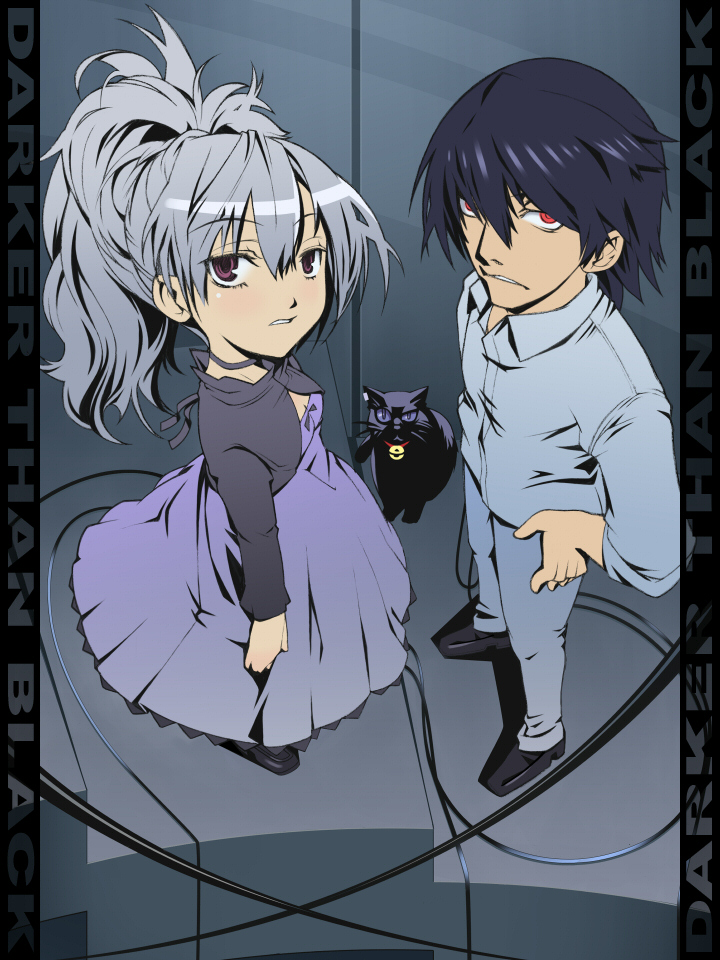 kotetsu motoya, hei (darker than black), mao (darker than black), yin (darker than black), darker than black, 00s, 1boy, 1girl, black cat, cat, dress, long hair, purple dress, stairs, white hair