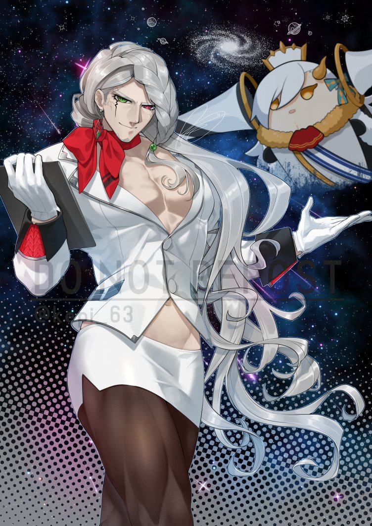 rkp, alessandro di cagliostro (fate), koyanskaya (fate), koyanskaya (foreigner) (first ascension) (fate), olga marie animusphere, tamamo (fate), u-olga marie, fate/grand order, fate (series), 1boy, 1girl, braid, chibi, cosplay, crossdressing, crossdressing (mtf), facial hair, gloves, goatee, green eyes, heterochromia, holding, jacket, koyanskaya (fate) (cosplay), large pectorals, long hair, looking at viewer, male focus, muscular, muscular male, pantyhose, pectorals, pencil skirt, red eyes, skirt, sleeve cuffs, smile, solo focus, white gloves, white jacket