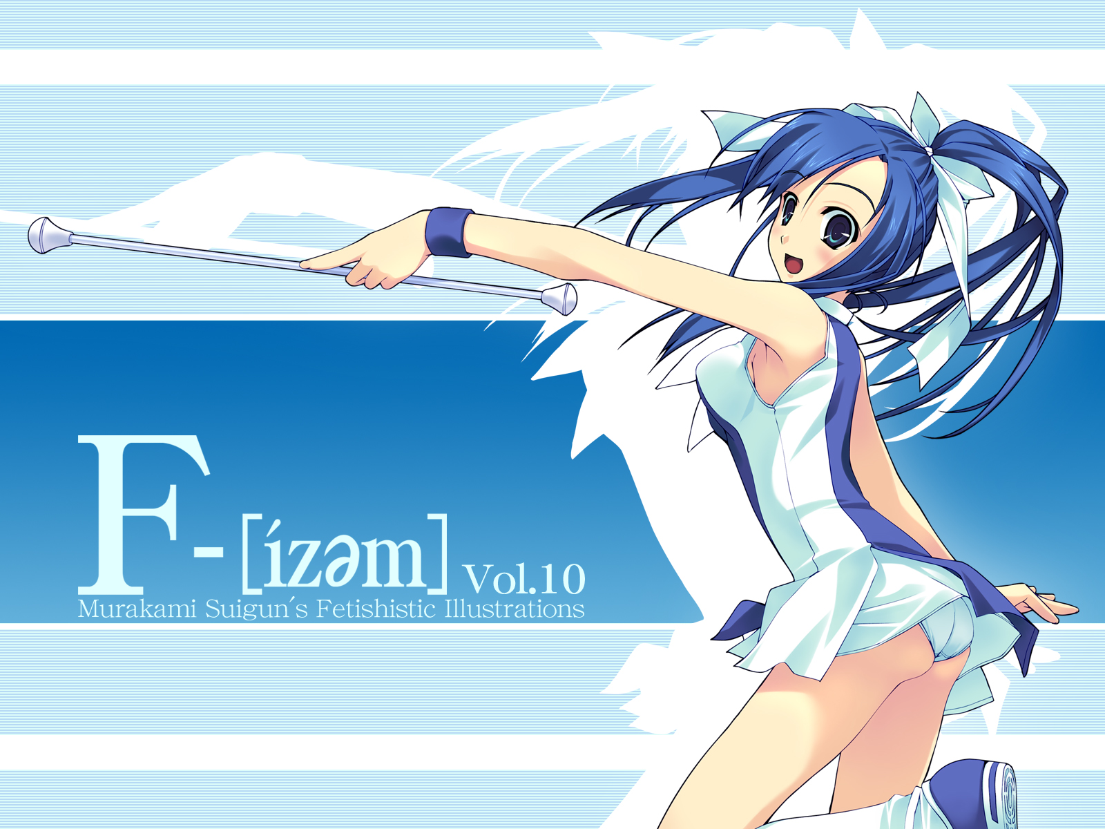 murakami suigun, blue haired girl (murakami suigun), f-ism, original, baton, highres, 1girl, arms beside, blue eyes, blue hair, cheerleader, female focus, leg lift, matching hair/eyes, panties, pantyshot, ponytail, skirt, smile, solo, standing, twirl baton, underwear, upskirt