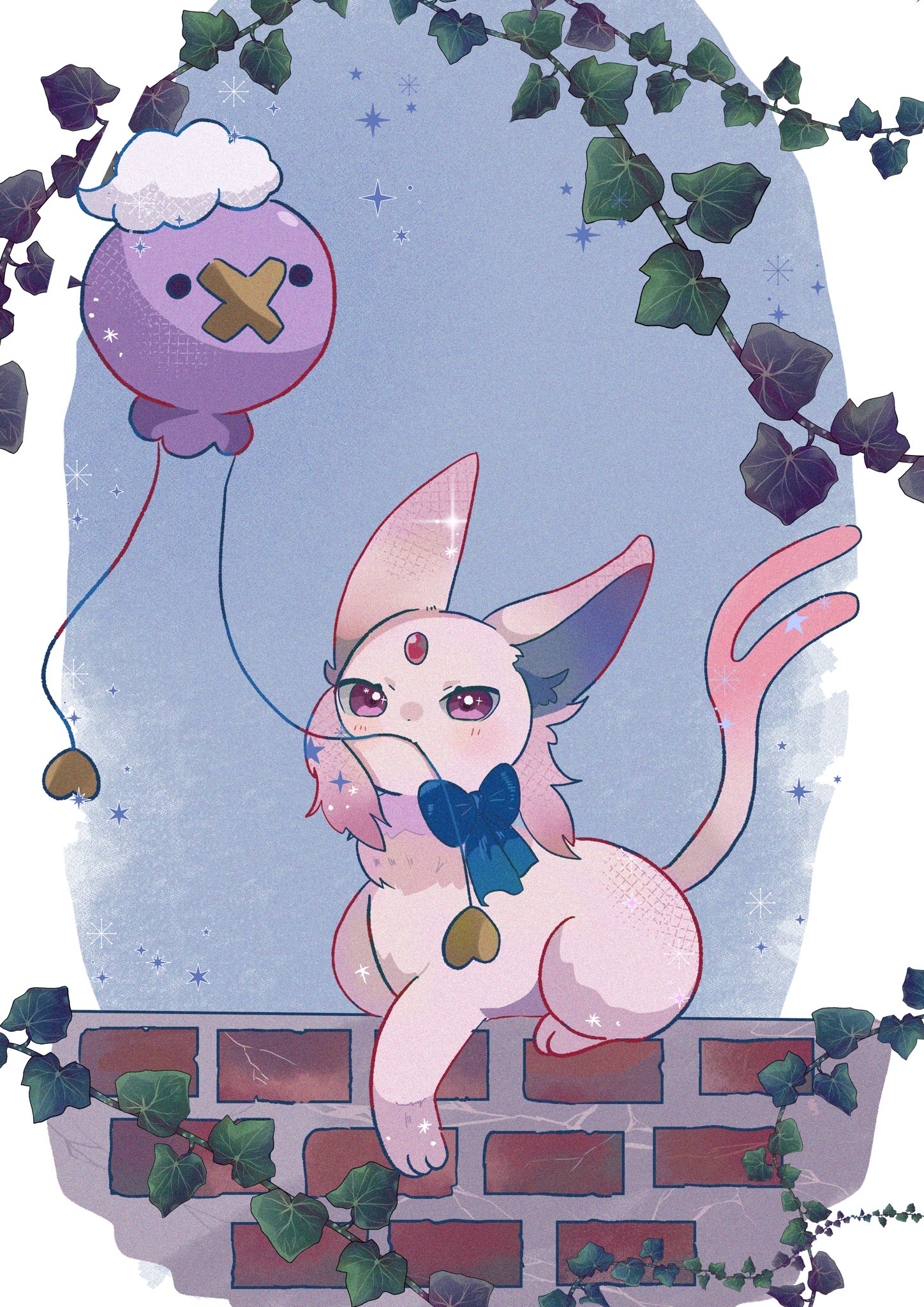 mendako (tyatyaumai29), drifloon, espeon, nintendo, pokemon, highres, animal focus, blue bow, blush, bow, brick wall, closed mouth, forehead jewel, forked tail, full body, gem, gen 2 pokemon, gen 4 pokemon, leaf, no humans, pokemon (creature), pokemon focus, red gemstone, tail