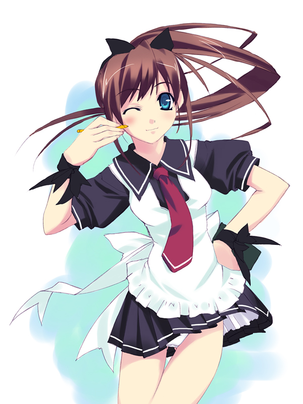 murakami suigun, 1girl, arms beside, blue eyes, brown hair, clothes lift, female focus, necktie, one eye closed, panties, pantyshot, ponytail, ribbon, skirt, skirt lift, solo, standing, underwear, white panties, wind, wind lift, wink