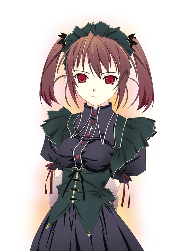 murakami suigun, 1girl, arms behind back, breasts, brown hair, cowboy shot, dress, female focus, goth fashion, red eyes, ribbon, solo, standing, twintails, waitress, white background