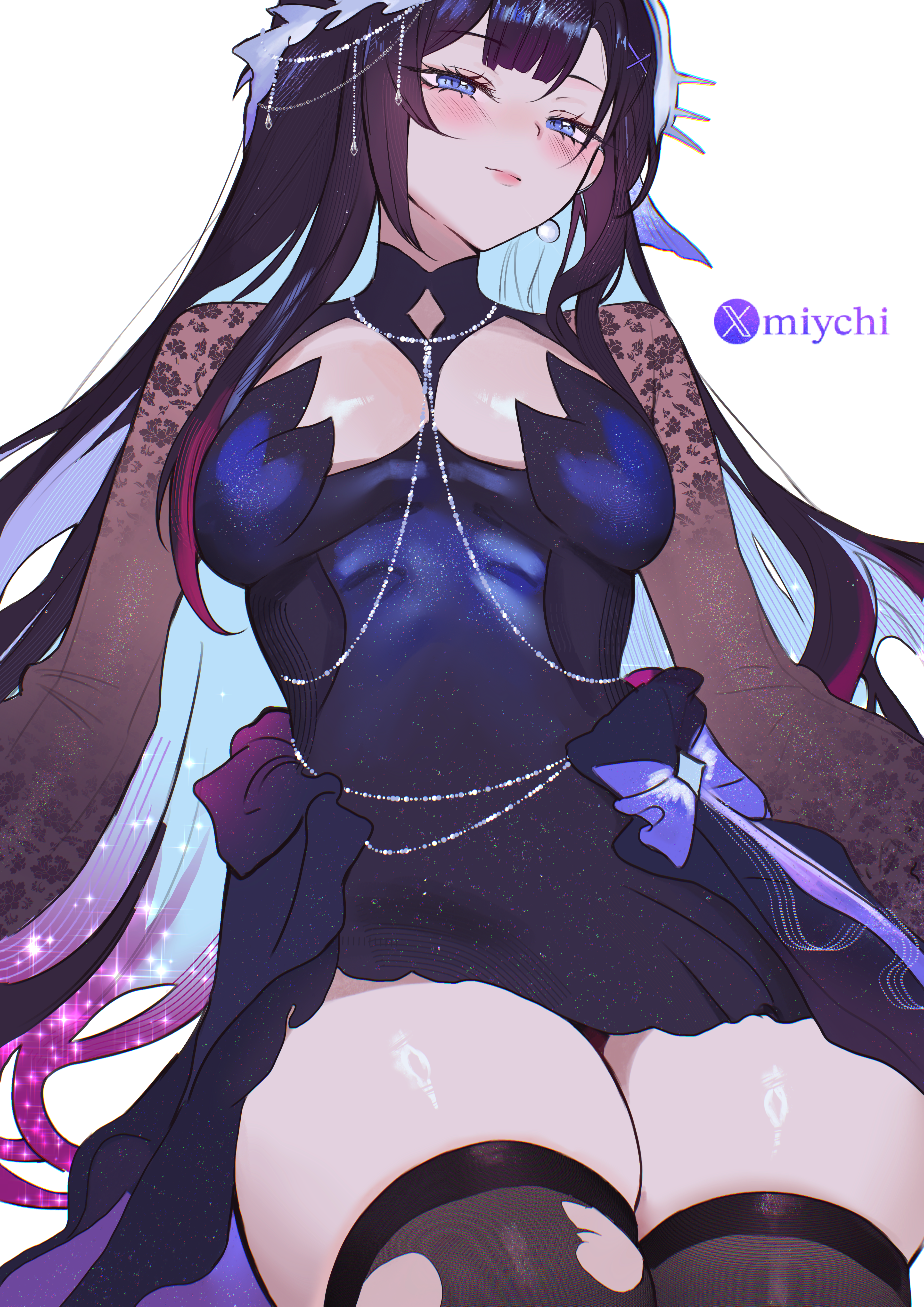 miychi, hysilens (honkai: star rail), honkai: star rail, honkai (series), absurdres, commentary, highres, 1girl, artist name, black hair, black thighhighs, blue dress, blue eyes, blue hair, breasts, dress, large breasts, long hair, multicolored hair, purple hair, shrug (clothing), simple background, smile, solo, thighhighs, thighs, twitter username, twitter x logo, very long hair, white background