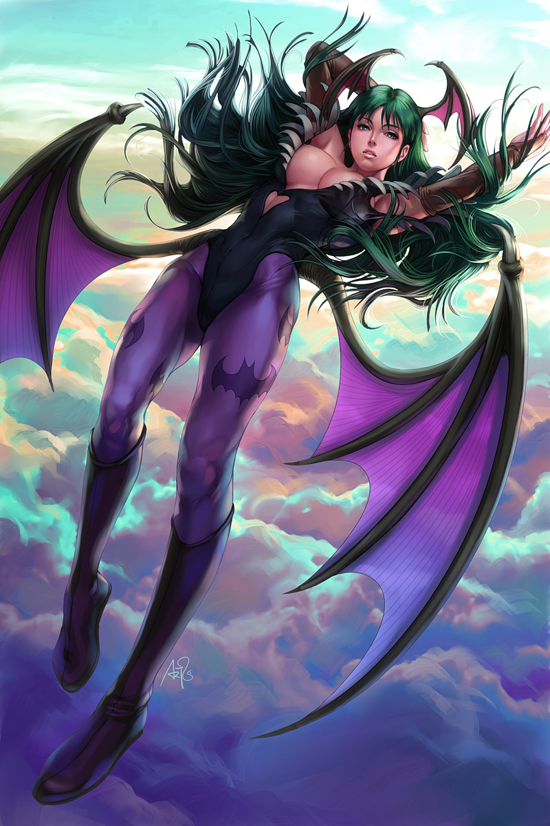 stanley lau, morrigan aensland, capcom, darkstalkers, ark, highres, bat (animal), breasts, cleavage, demon, green hair, head wings, long hair, pantyhose, solo, wings