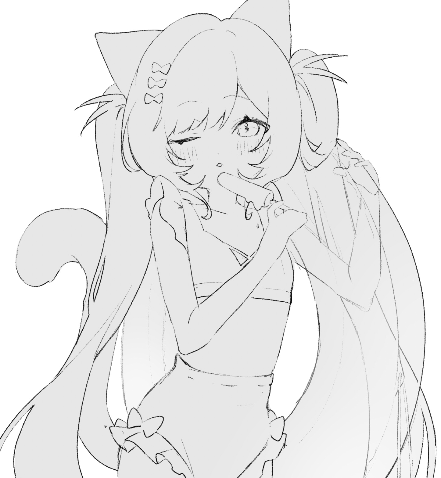 mikuron 0, original, highres, 1girl, animal ears, bare shoulders, bikini, blush, bow, bow bikini, cat ears, cat girl, cat tail, collarbone, cowboy shot, dot nose, flat chest, food, frilled bikini, frills, greyscale, hair bow, hands up, holding, holding food, holding popsicle, holding swim ring, ice cream, innertube, lineart, long hair, looking at viewer, monochrome, multiple hair bows, one eye closed, parted lips, popsicle, sidelocks, simple background, sketch, solo, swim ring, swimsuit, tail, tail raised, twintails, very long hair, white background