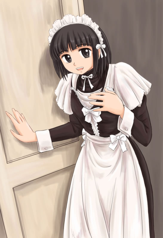 ryp, shirley medison, shirley (manga), 1girl, apron, black hair, blunt bangs, bob cut, cuff links, female focus, maid, maid apron, maid headdress, solo