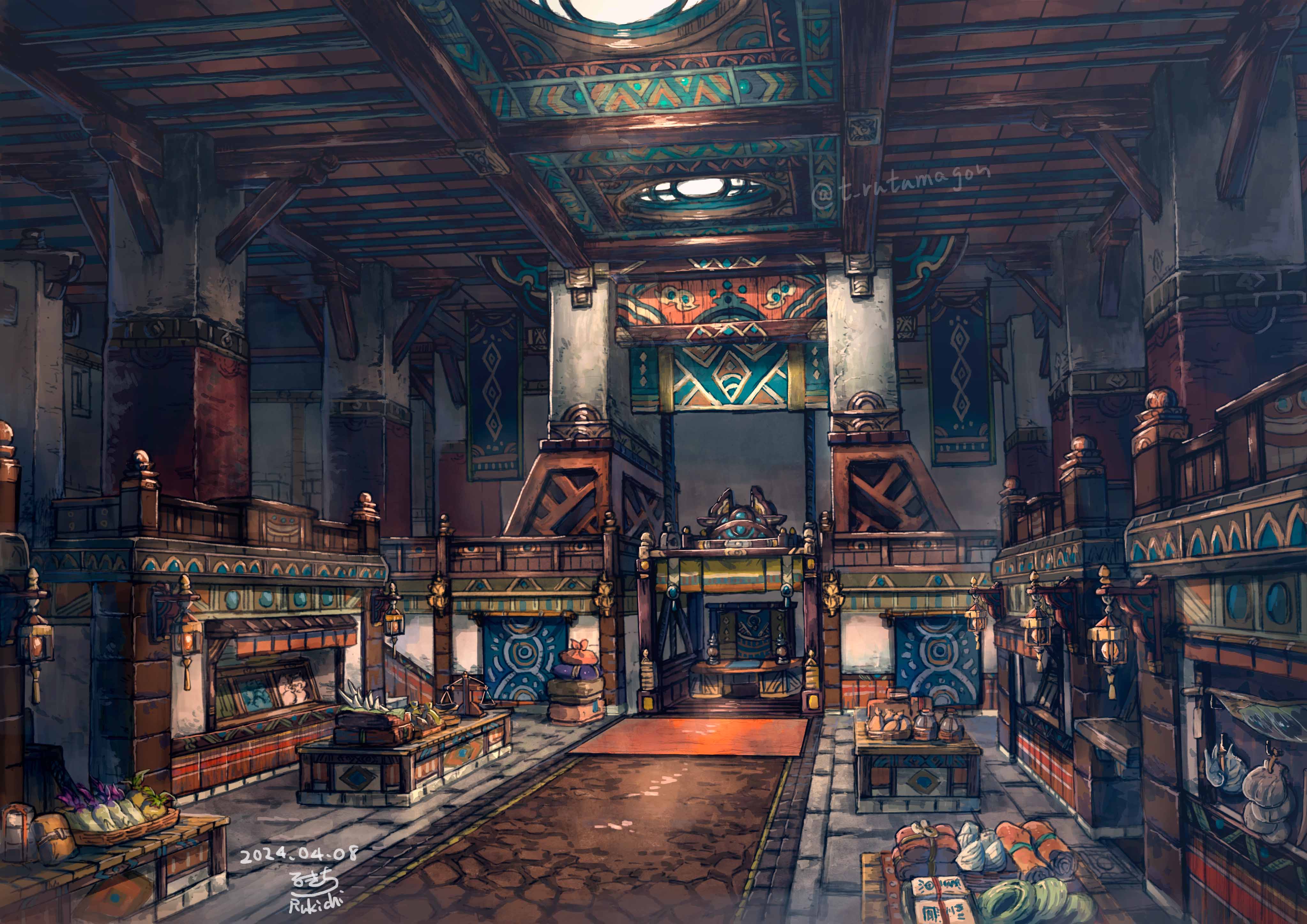 rukichi (t rutamagon), original, absurdres, commentary, highres, artist name, bag, balance scale, banner, bottle, ceiling, ceiling light, dated, fantasy, food, indoors, lamp, no humans, pillar, railing, rug, scenery, shop, signature, stairs, stone floor, twitter username, watermark, weighing scale, wooden ceiling