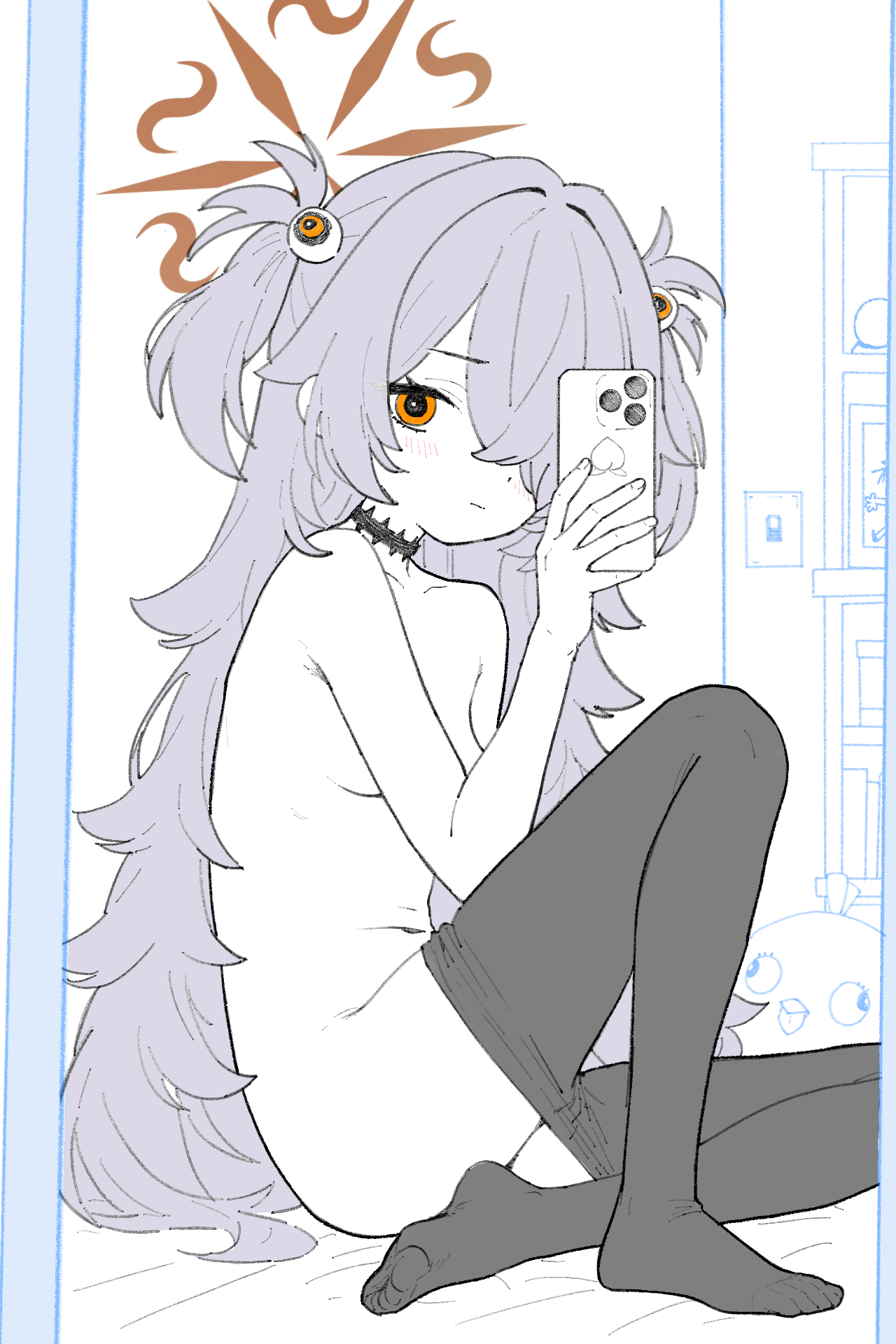 mr235, kanoe (blue archive), blue archive, highres, 1girl, black choker, black pantyhose, blush, breasts, cellphone, choker, closed mouth, clothes pull, grey hair, hair ornament, hair over one eye, halo, holding, holding phone, knee up, long hair, looking at viewer, no shoes, nude, one eye covered, orange eyes, pantyhose, pantyhose pull, phone, red halo, selfie, sitting, small breasts, smartphone, solo, spot color, two side up, very long hair