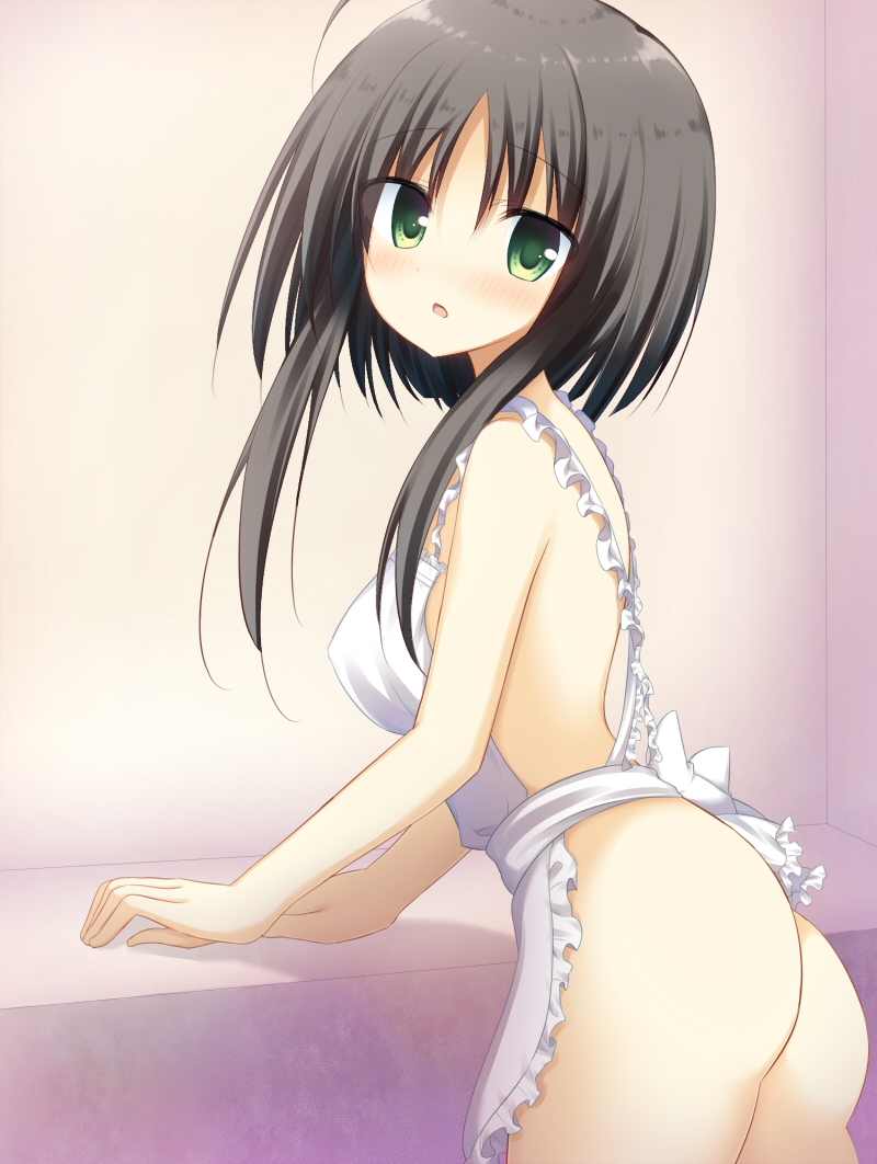 korokoro cat, hitachi mako, senren banka, commentary request, 1girl, :o, ahoge, apron, ass, back bow, black hair, blush, bow, breasts, covered erect nipples, cowboy shot, eyes visible through hair, frilled apron, frills, from side, green eyes, hair between eyes, indoors, large breasts, looking at viewer, naked apron, open mouth, short hair with long locks, solo, straight hair, white apron, white bow
