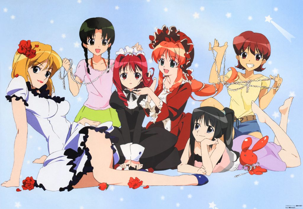 akari (kono minikuku), akari (kono minikuku mo utsukushii sekai), akari (konomini), hikari (kono minikuku), hikari (kono minikuku mo utsukushii sekai), hikari (konomini), jennifer portman, kuribayashi amika, nishino mari, urushima sakurako, kono minikuku mo utsukushii sekai, blue footwear, 6+girls, :d, arm support, barefoot, black hair, blonde hair, blue background, bonnet, braid, brown eyes, brown hair, dress, flower, frilled dress, frilled sleeves, frills, full body, green eyes, green hair, grin, hair flower, hair ornament, legs, lipstick, long hair, long sleeves, looking at another, looking at viewer, lying, makeup, multiple girls, on stomach, open mouth, orange hair, parted bangs, ponytail, red eyes, red hair, ribbon, shoes, short hair, short sleeves, shorts, sidelocks, sitting, skirt, smile, stuffed animal, stuffed rabbit, stuffed toy, twin braids