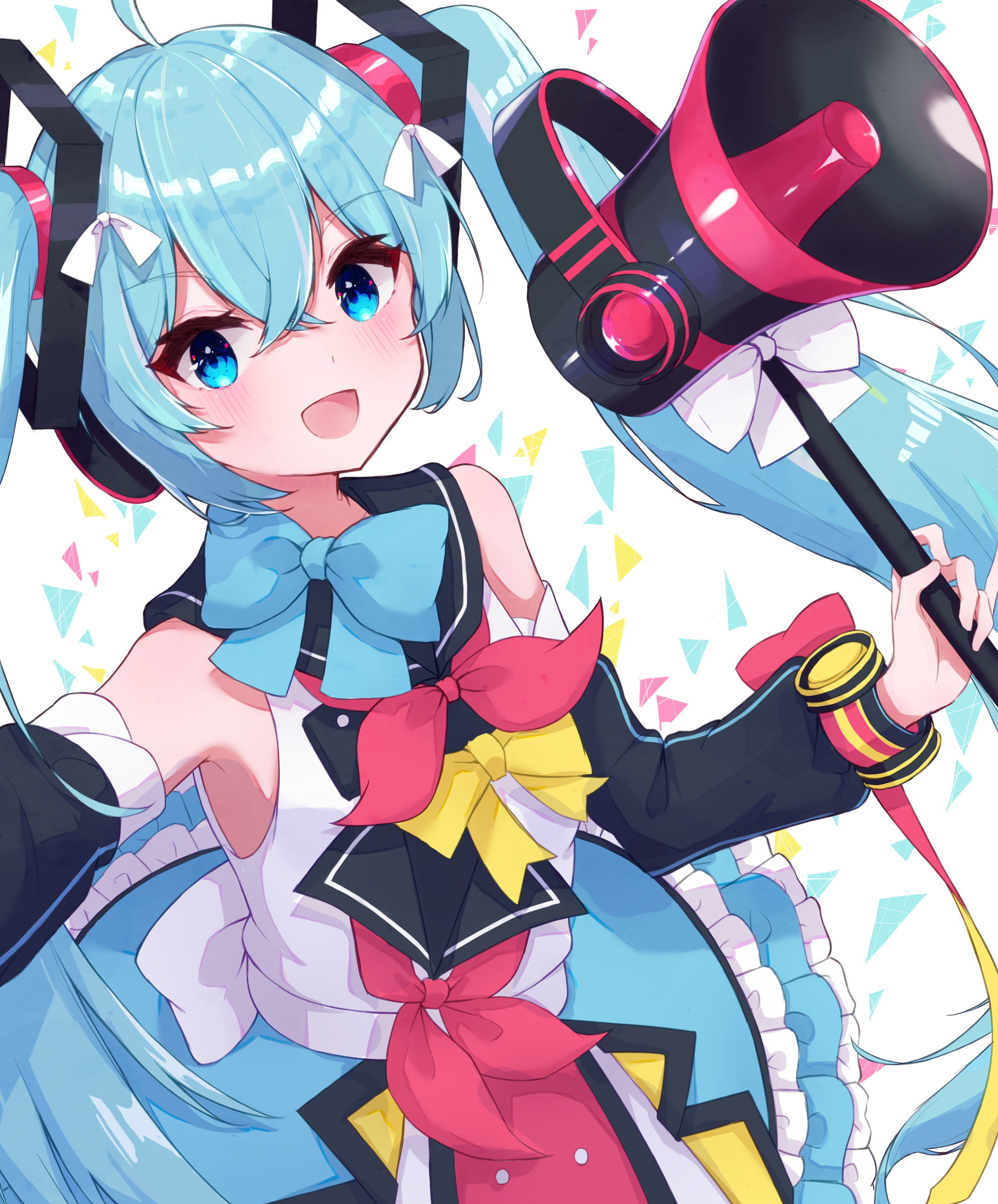 conifer2525, hatsune miku, magical mirai miku, magical mirai miku (2018), magical mirai (vocaloid), vocaloid, absurdres, highres, 1girl, ahoge, aqua bow, aqua eyes, aqua hair, blush, bow, detached sleeves, dress, frilled skirt, frills, hair between eyes, hair ornament, holding, holding megaphone, long hair, long sleeves, looking at viewer, megaphone, official alternate costume, official alternate hairstyle, open mouth, pink bow, skirt, sleeveless, sleeveless dress, smile, solo, twintails, very long hair, yellow bow
