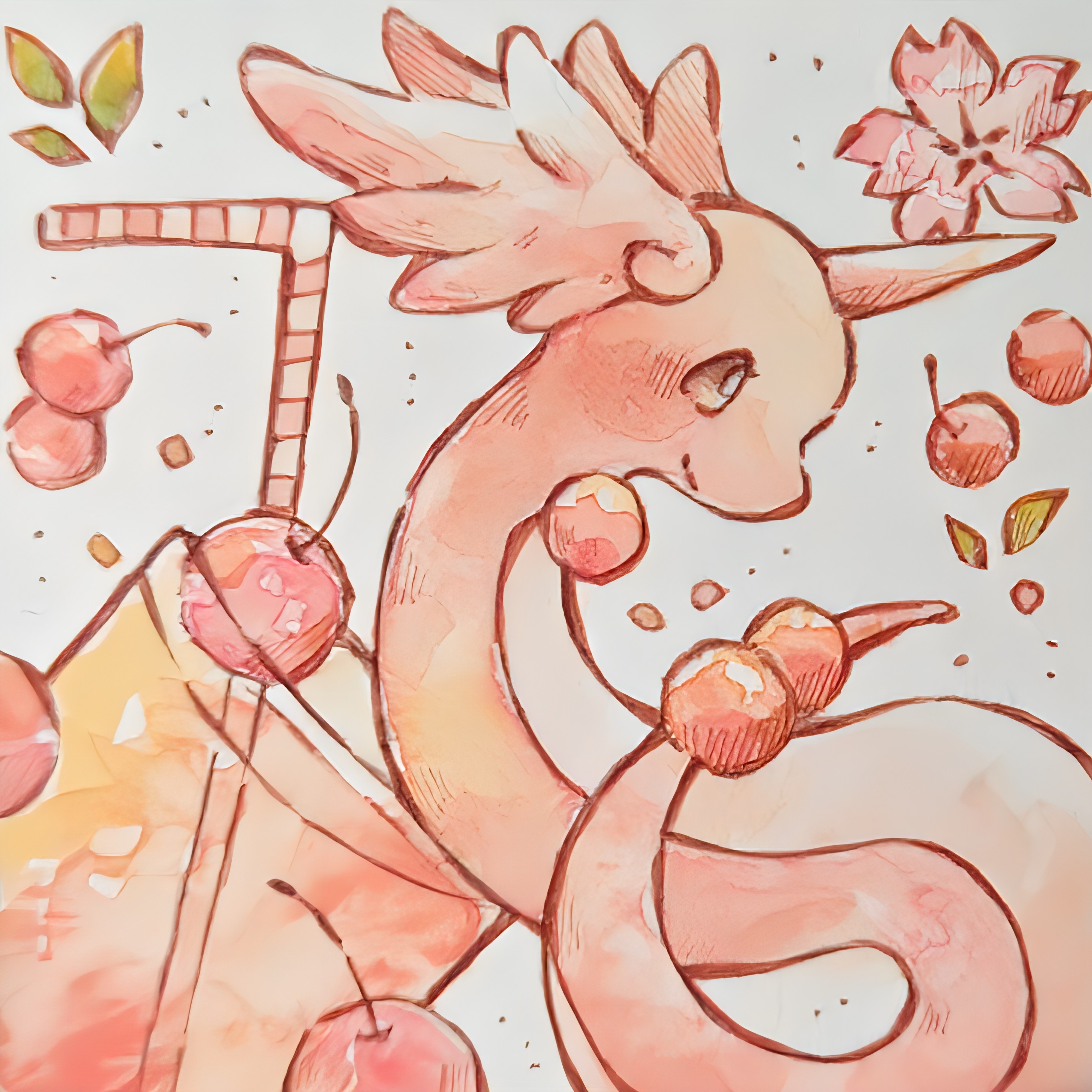 rai (rai kw), dragonair, nintendo, pokemon, absurdres, highres, alternate color, cherry, closed mouth, cup, drinking straw, food, fruit, gen 1 pokemon, glass, head wings, horns, lemonade, no humans, pokemon (creature), pokemon focus, shiny pokemon, single horn, smile, tail, wings