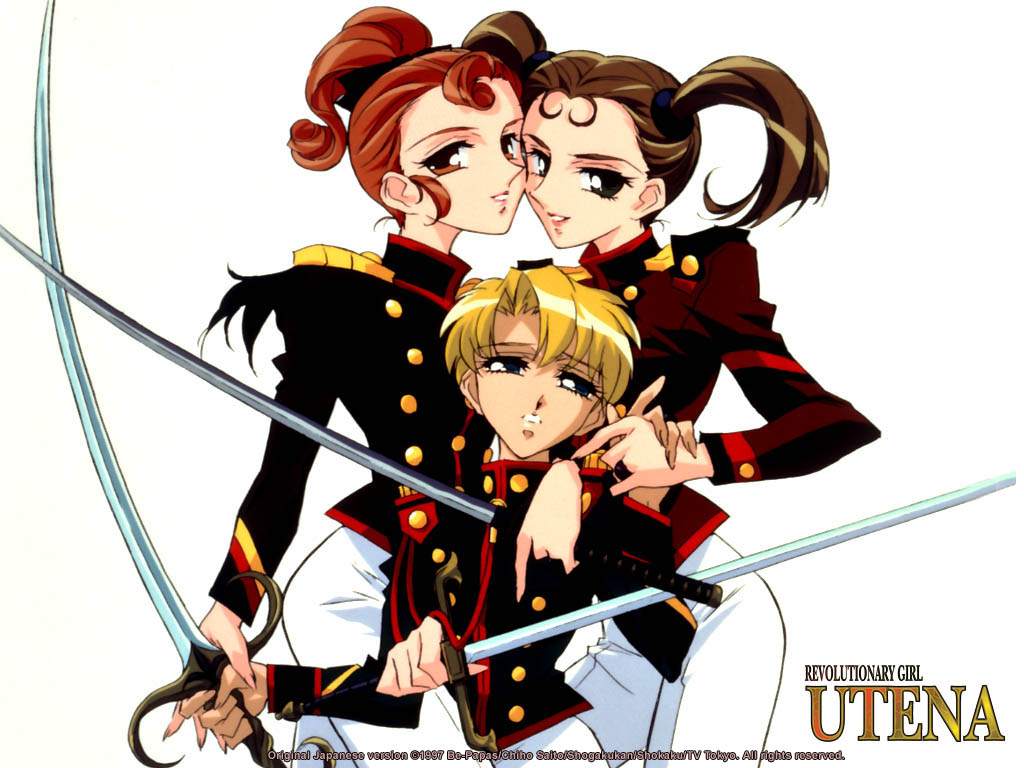 shinohara wakaba, sonoda keiko, tsuwabuki mitsuru, shoujo kakumei utena, official art, official wallpaper, 1990s (style), 1boy, 2girls, copyright name, multiple girls, ponytail, retro artstyle, sword, twintails, weapon, white background