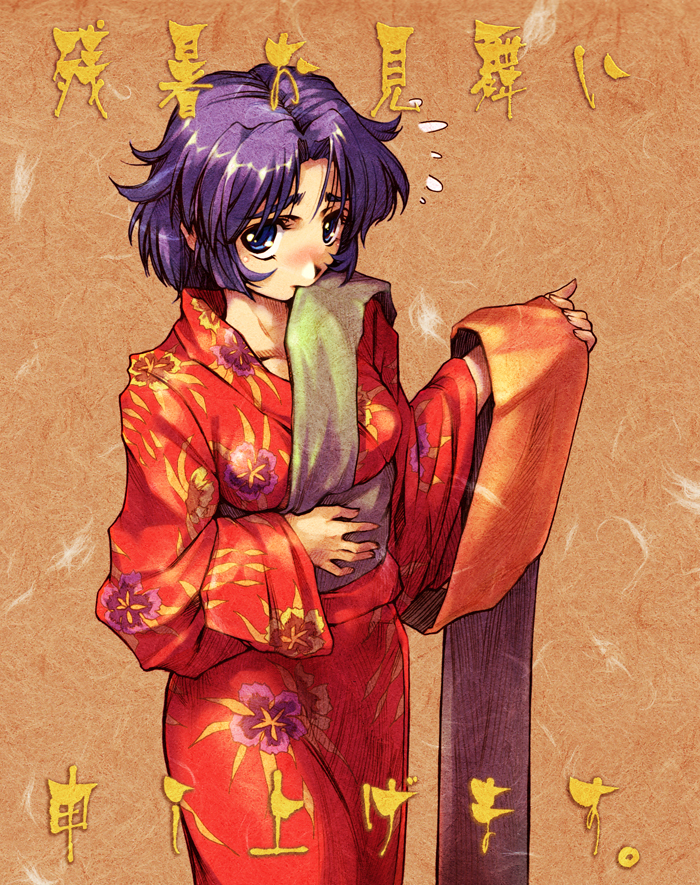 hisahiko, kusuha mizuha, banpresto, super robot wars, 1girl, blue eyes, cowboy shot, female focus, japanese clothes, kimono, mouth hold, purple hair, solo