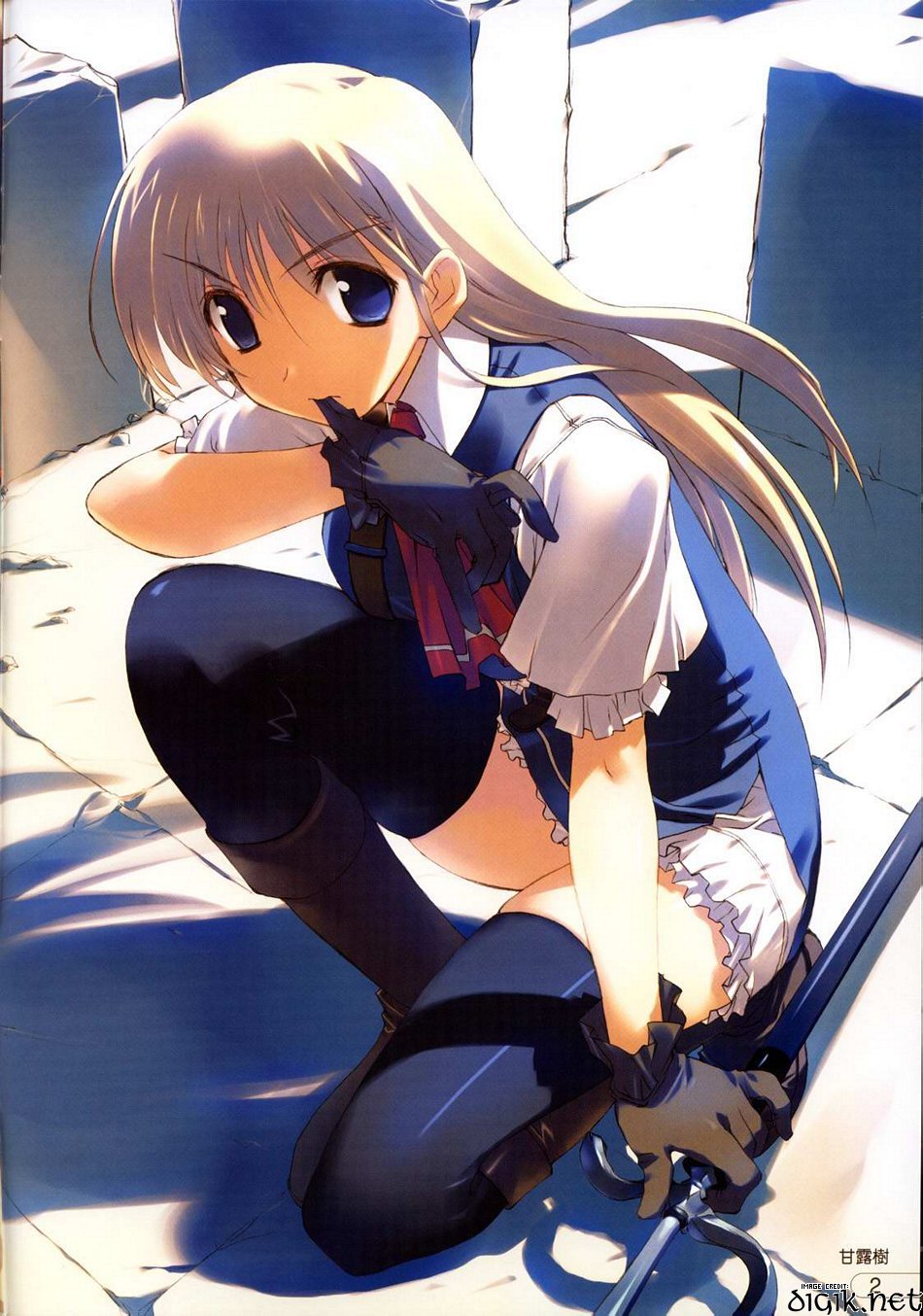 highres, blonde hair, blue eyes, boots, gloves, solo, sword, thighhighs, watermark, weapon