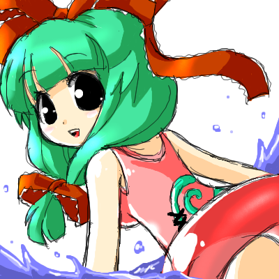 nekoyu, kagiyama hina, touhou, lowres, 1girl, female focus, front ponytail, innertube, one-piece swimsuit, solo, swim ring, swimsuit