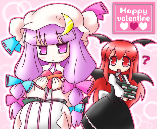 nekoyu, koakuma, patchouli knowledge, embodiment of scarlet devil, touhou, 2girls, bow, female focus, happy valentine, head wings, multiple girls, pink bow, valentine, wings