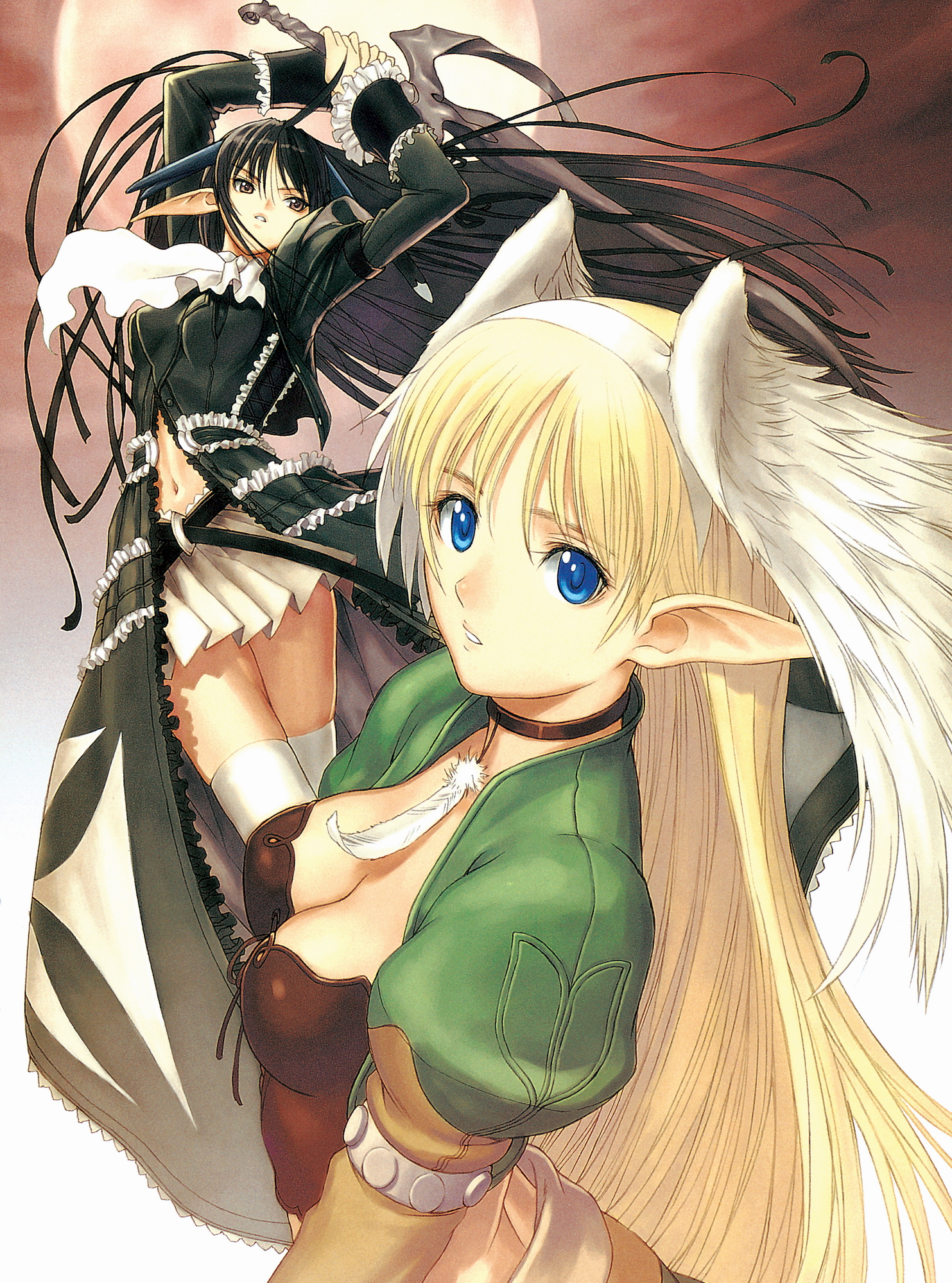 tony taka, elwing, xecty ein, sega, shining (series), shining tears, shining wind, highres, 2girls, black hair, blonde hair, blue eyes, breasts, brown eyes, cleavage, elf, head wings, large breasts, long hair, multiple girls, pointy ears, skirt, sword, thighhighs, very long hair, weapon, wings