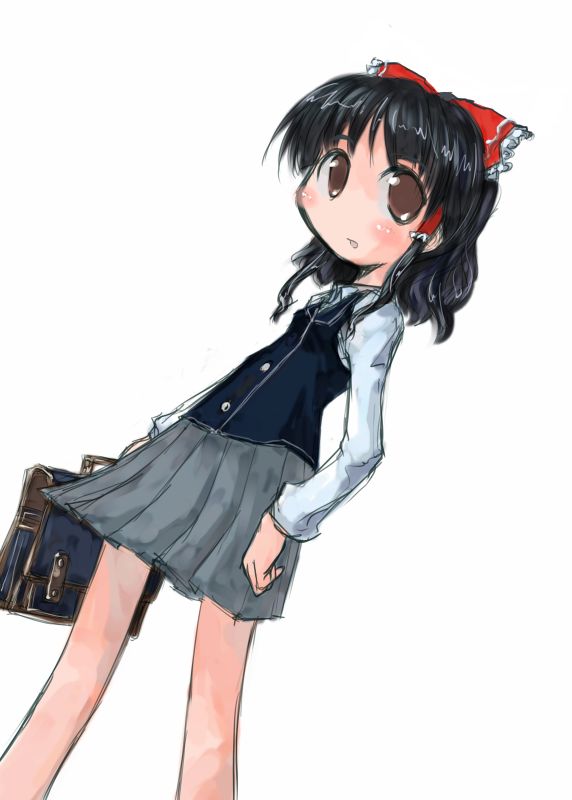 tao, tao (kadoya), hakurei reimu, touhou, 1girl, alternate costume, bag, black hair, bow, brown eyes, female focus, hair bow, hair tubes, long sleeves, looking at viewer, pleated skirt, red bow, school uniform, serafuku, sidelocks, simple background, skirt, solo, vest, white background