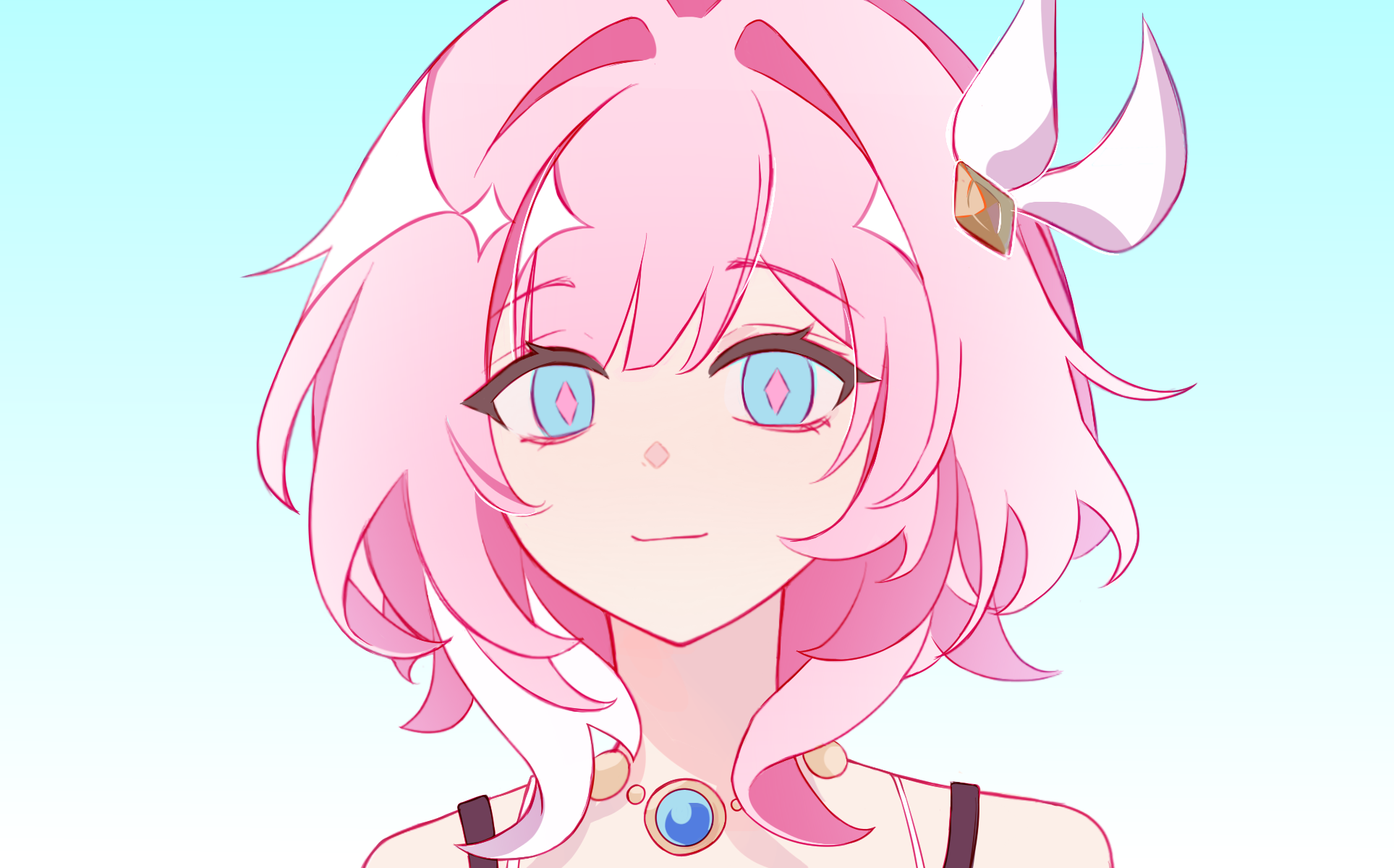 cyrene (honkai: star rail), honkai: star rail, honkai (series), chinese commentary, commentary request, highres, 1girl, bare shoulders, blue eyes, blue sky, hair ornament, jewelry, multicolored hair, necklace, pink hair, portrait, short hair, shouhai zhe 1 hao, sky, smile, solo, two-tone hair, white hair