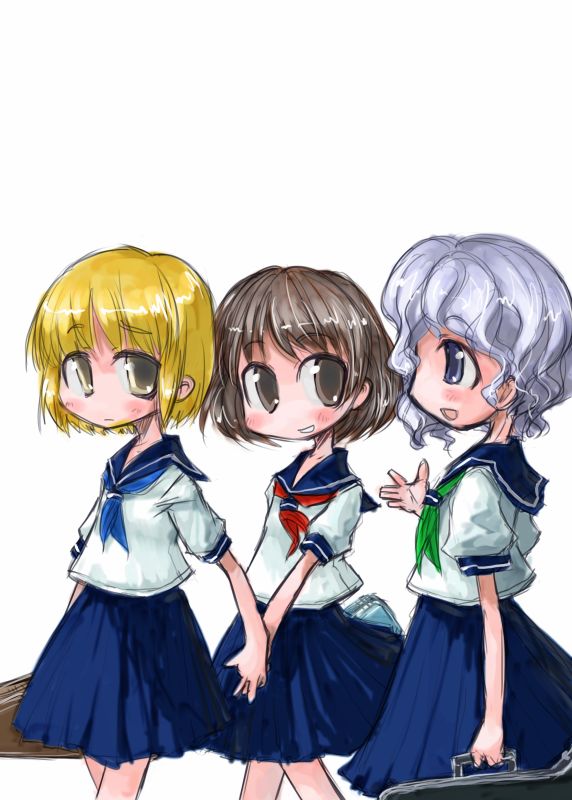 tao, tao (kadoya), lunasa prismriver, lyrica prismriver, merlin prismriver, touhou, 3girls, alternate costume, blonde hair, female focus, multiple girls, school uniform, serafuku, short hair, siblings, sisters