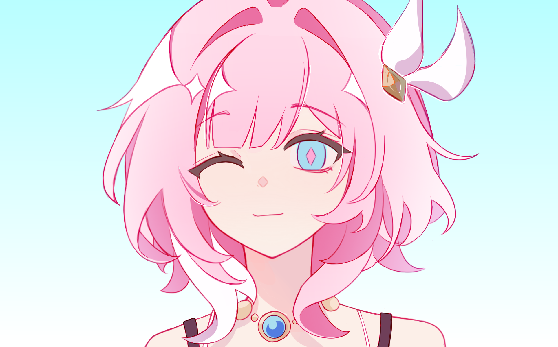 cyrene (honkai: star rail), honkai: star rail, honkai (series), chinese commentary, commentary request, highres, 1girl, ;), bare shoulders, blue eyes, blue sky, hair ornament, jewelry, multicolored hair, necklace, one eye closed, pink hair, portrait, short hair, shouhai zhe 1 hao, sky, smile, solo, two-tone hair, white hair