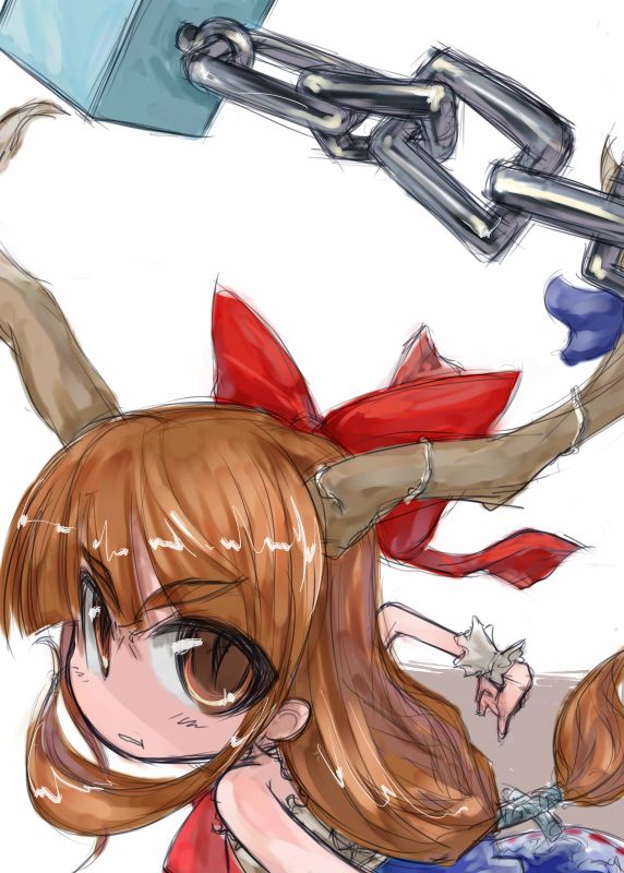 tao, tao (kadoya), ibuki suika, touhou, 1girl, bow, brown eyes, brown hair, chain, female focus, hair bow, looking at viewer, red bow, simple background, skirt, sleeveless, solo, upper body, white background, wrist cuffs